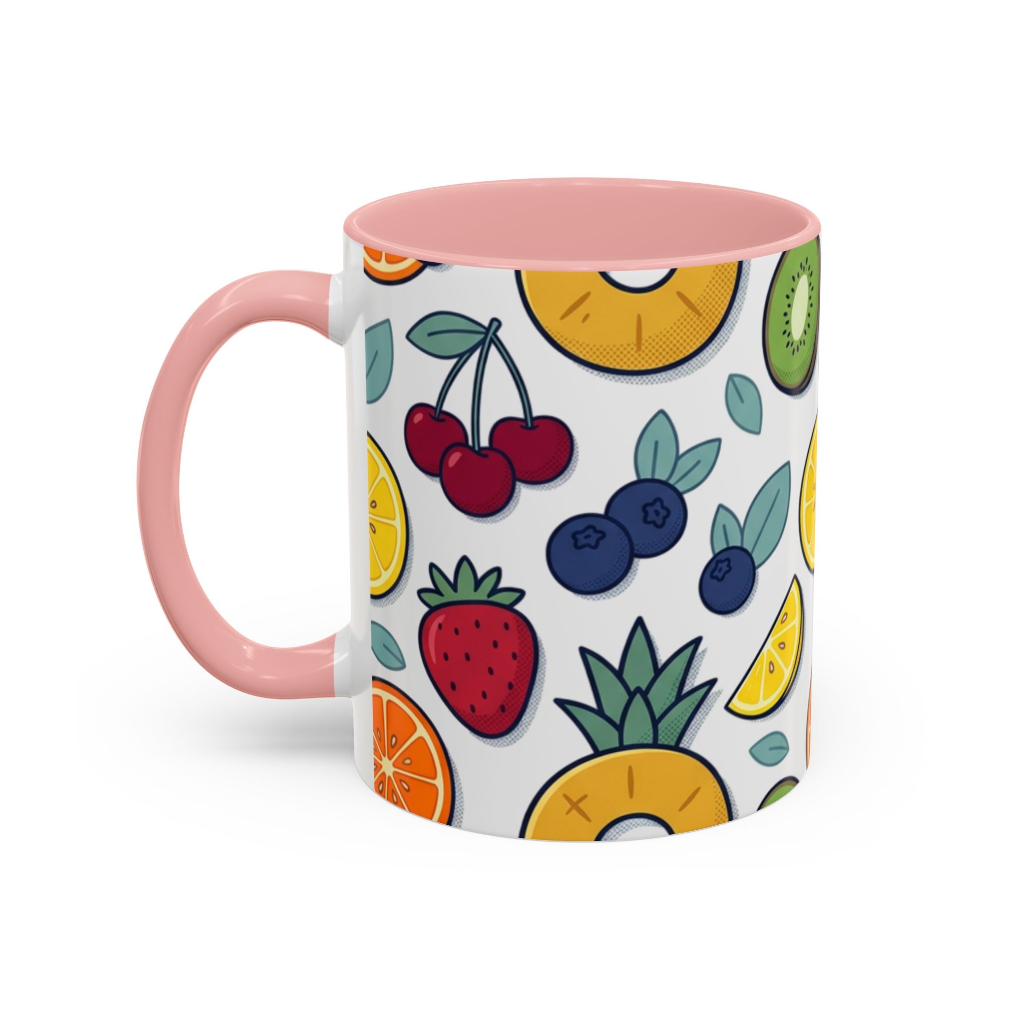 Fruit Pattern Accent Coffee Mug — Colorful Tropical Fruit Ceramic Mug (11/15oz)