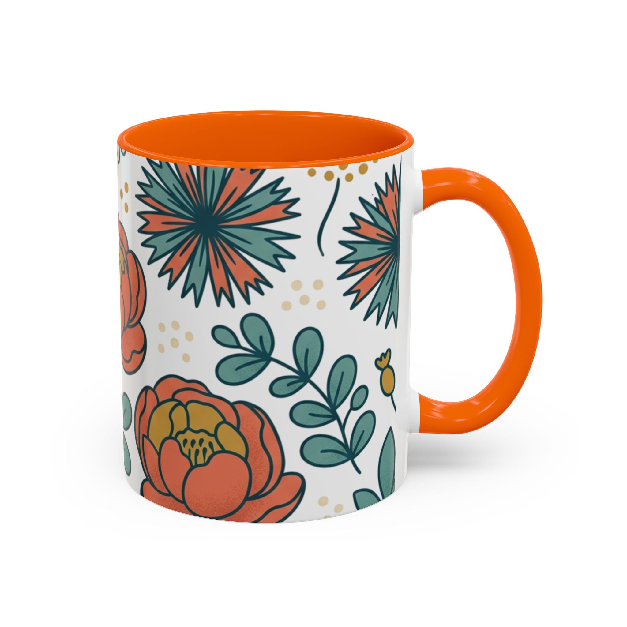 Floral Accent Coffee Mug — Orange Peony Pattern, 11/15oz