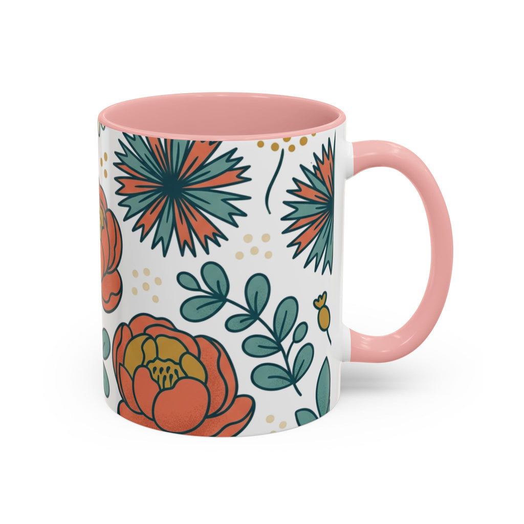 Floral Accent Coffee Mug — Orange Peony Pattern, 11/15oz