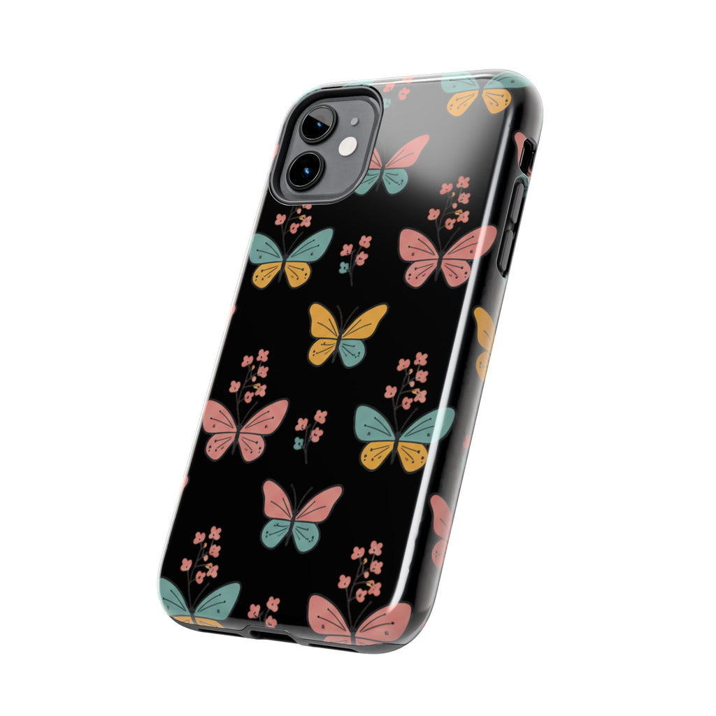 Butterfly Pattern Tough Phone Case — Pastel Butterflies on Black, Protective Floral Phone Cover