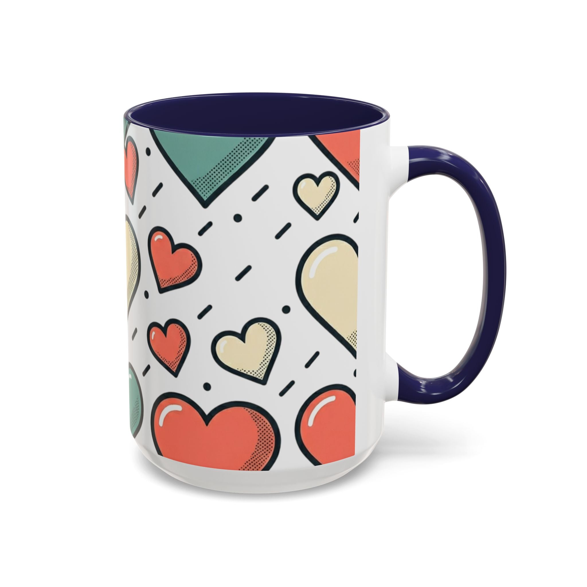 Heart Pattern Accent Coffee Mug — Cute Colorful Hearts Design (11/15 oz)