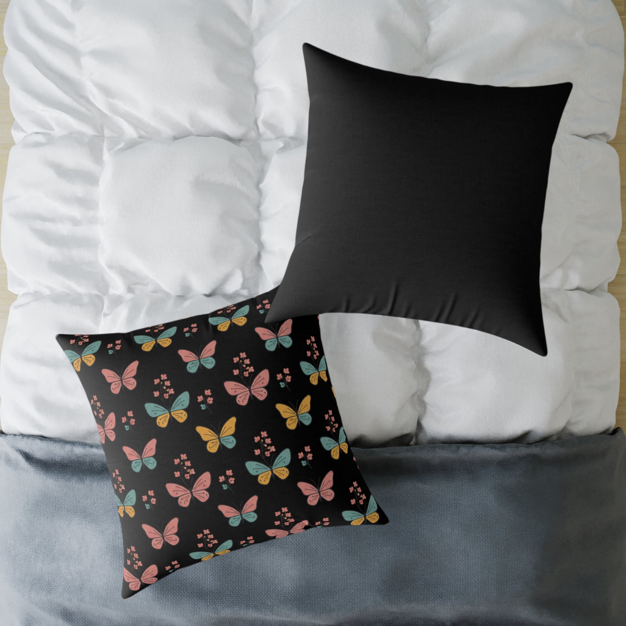 Butterfly Pattern Square Throw Pillow — Colorful Butterflies on Black Decorative Cushion