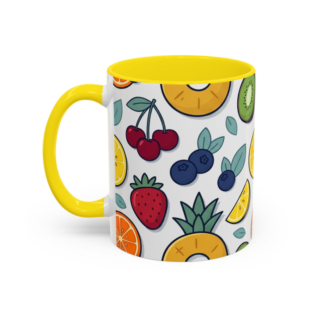 Fruit Pattern Accent Coffee Mug — Colorful Tropical Fruit Ceramic Mug (11/15oz)