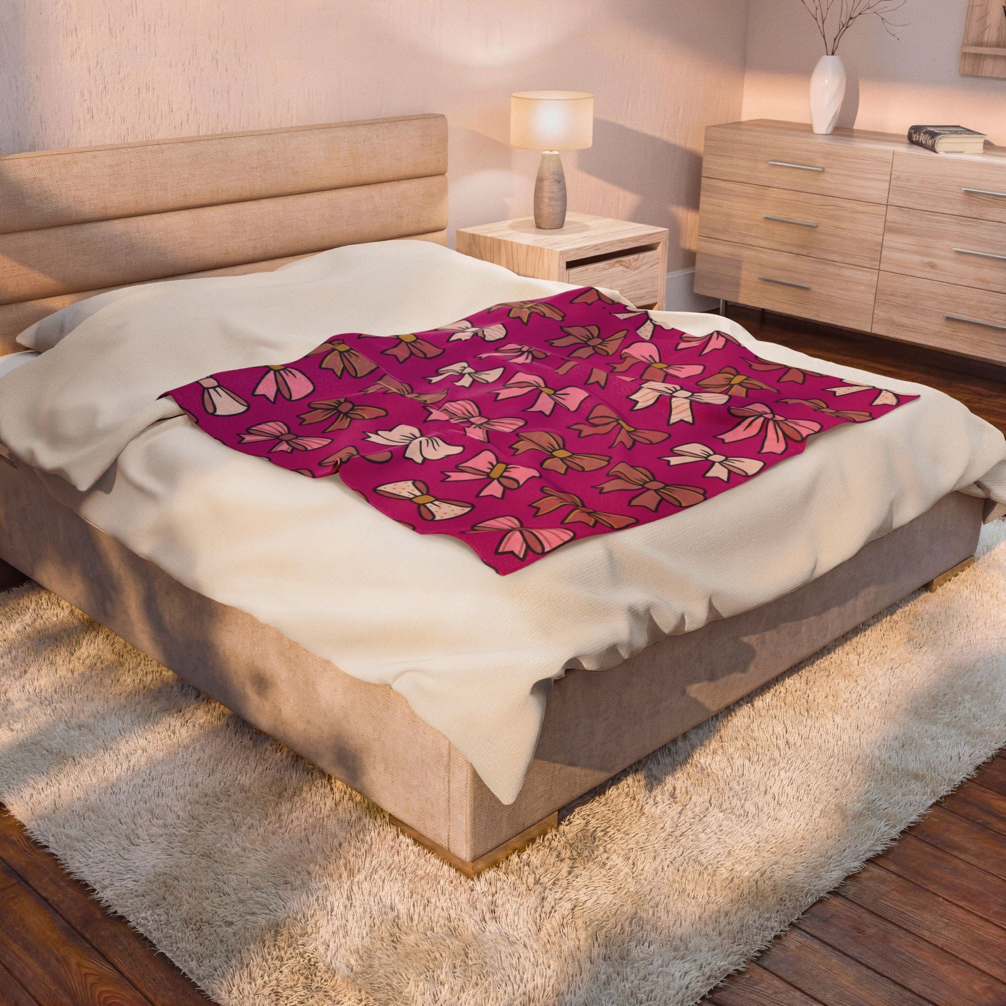 Velveteen Plush Blanket - Pink Bow Pattern Cozy Throw for Girls, Cute Gift for Birthdays & Holidays