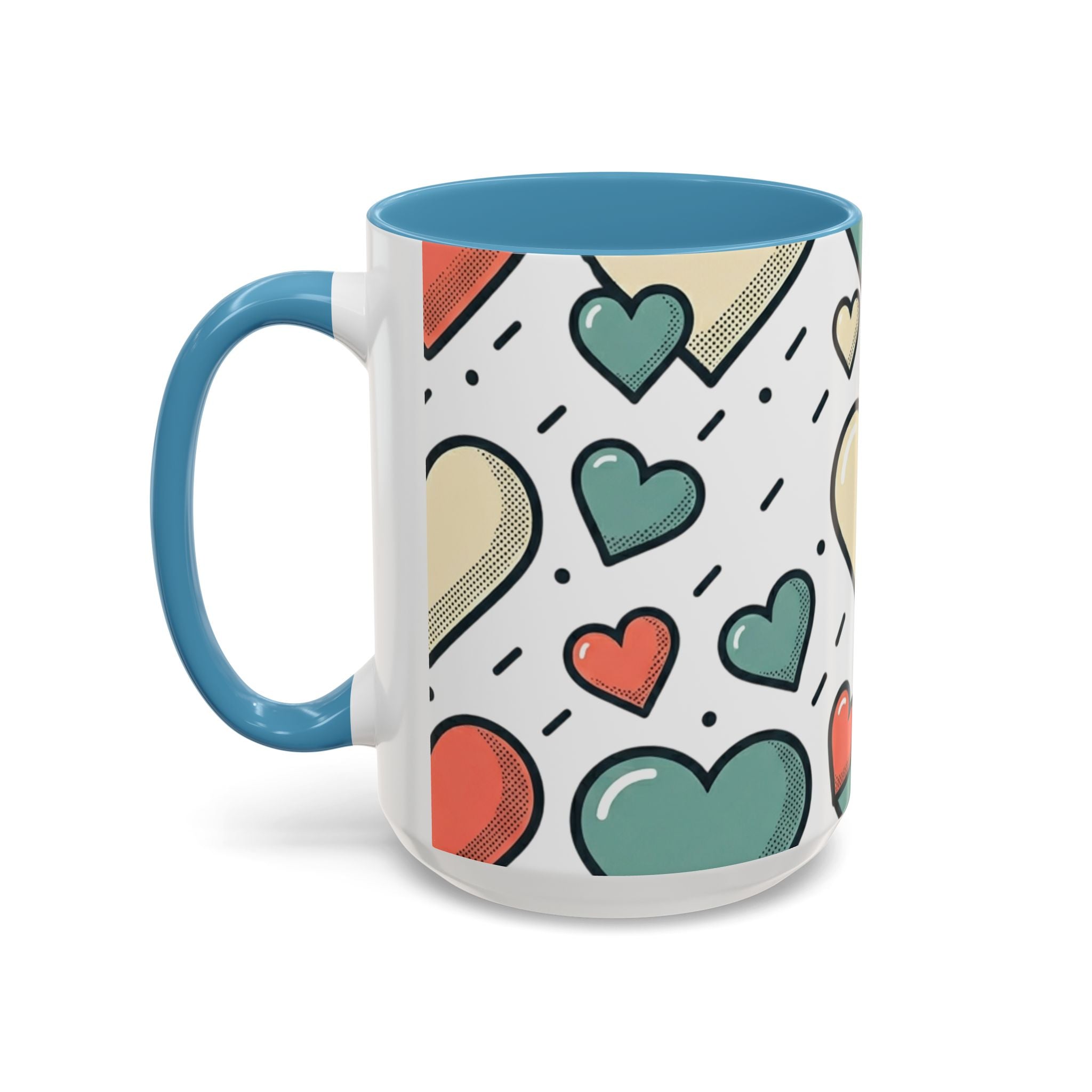Heart Pattern Accent Coffee Mug — Cute Colorful Hearts Design (11/15 oz)
