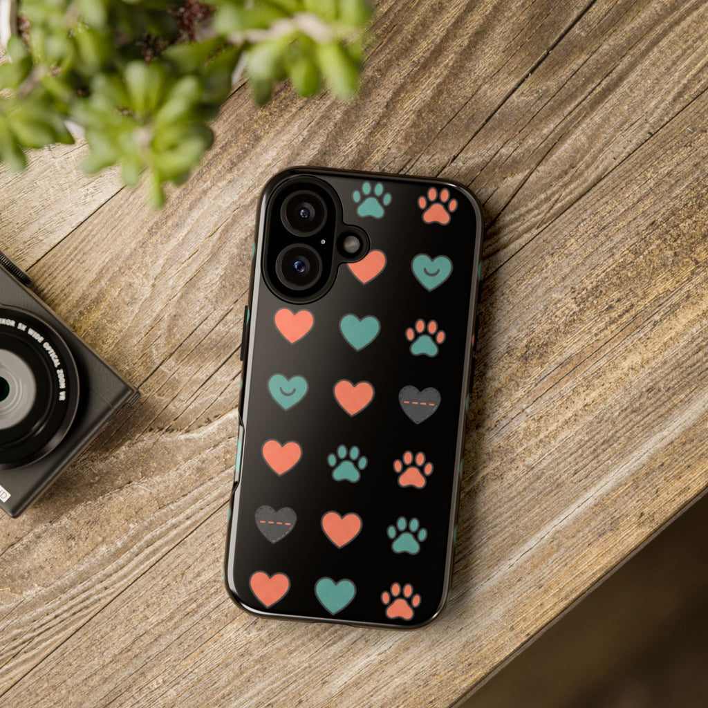 Phone Case — Cute Paw & Heart Pattern (Black Gloss)