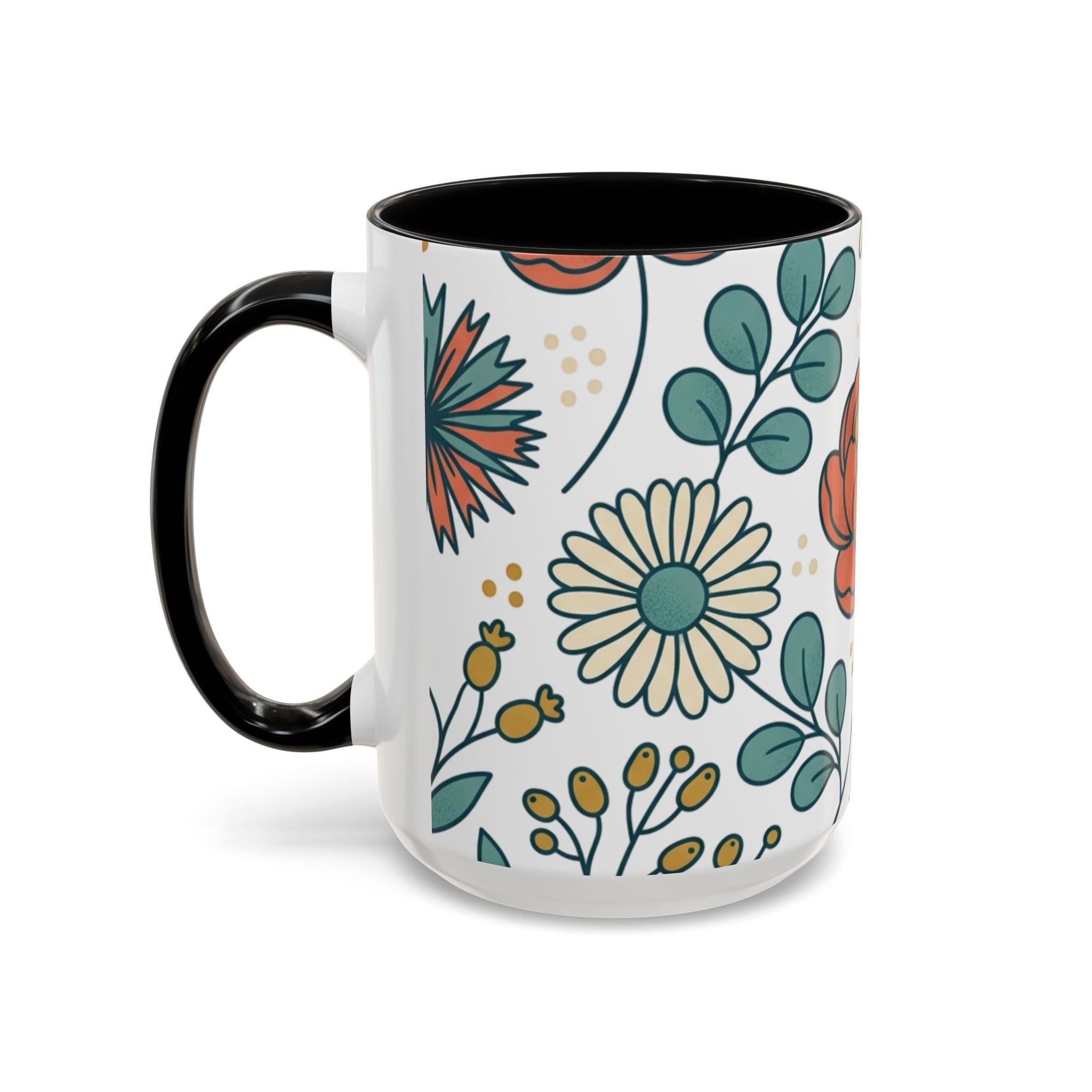 Floral Accent Coffee Mug — Orange Peony Pattern, 11/15oz