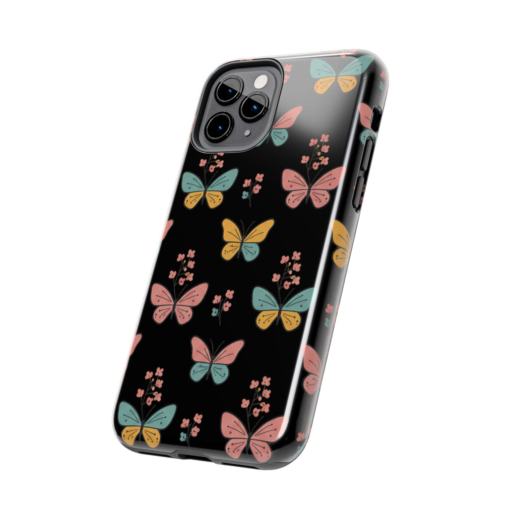 Butterfly Pattern Tough Phone Case — Pastel Butterflies on Black, Protective Floral Phone Cover