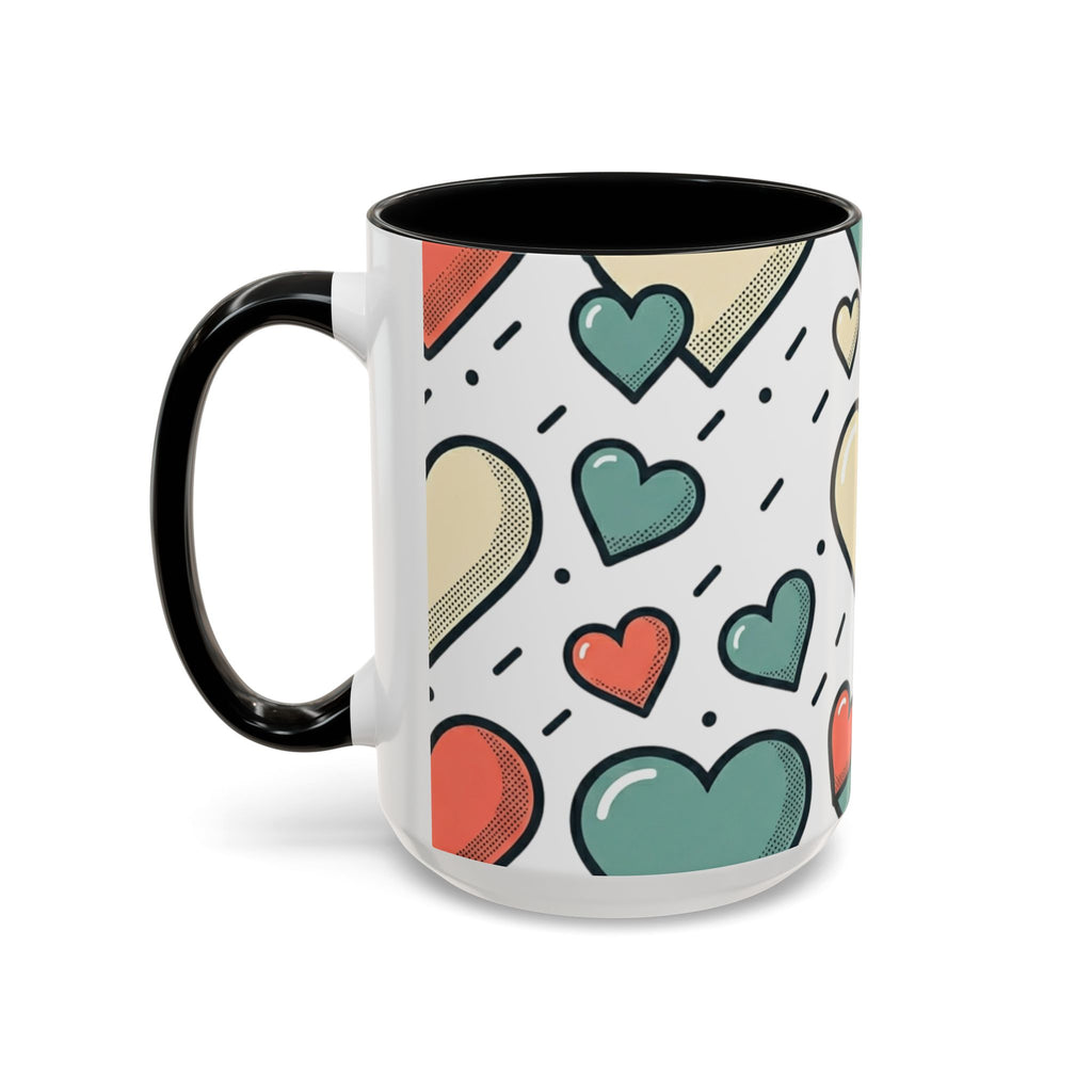 Heart Pattern Accent Coffee Mug — Cute Colorful Hearts Design (11/15 oz)