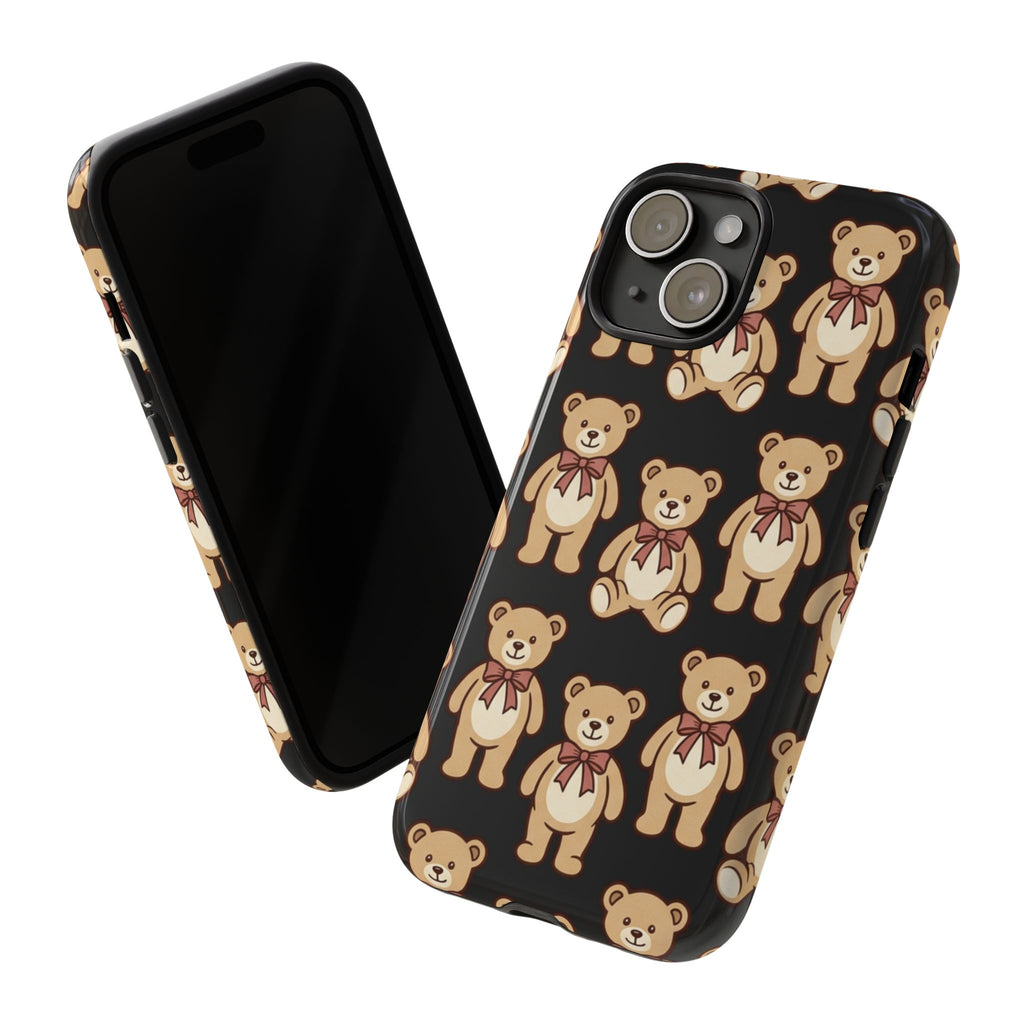 Teddy Bear Pattern Phone Case — Cute Vintage Ribbon Bears on Black