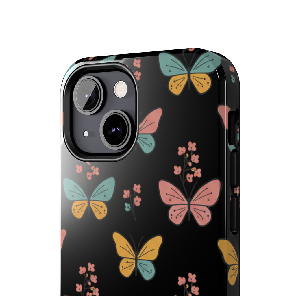 Butterfly Pattern Tough Phone Case — Pastel Butterflies on Black, Protective Floral Phone Cover