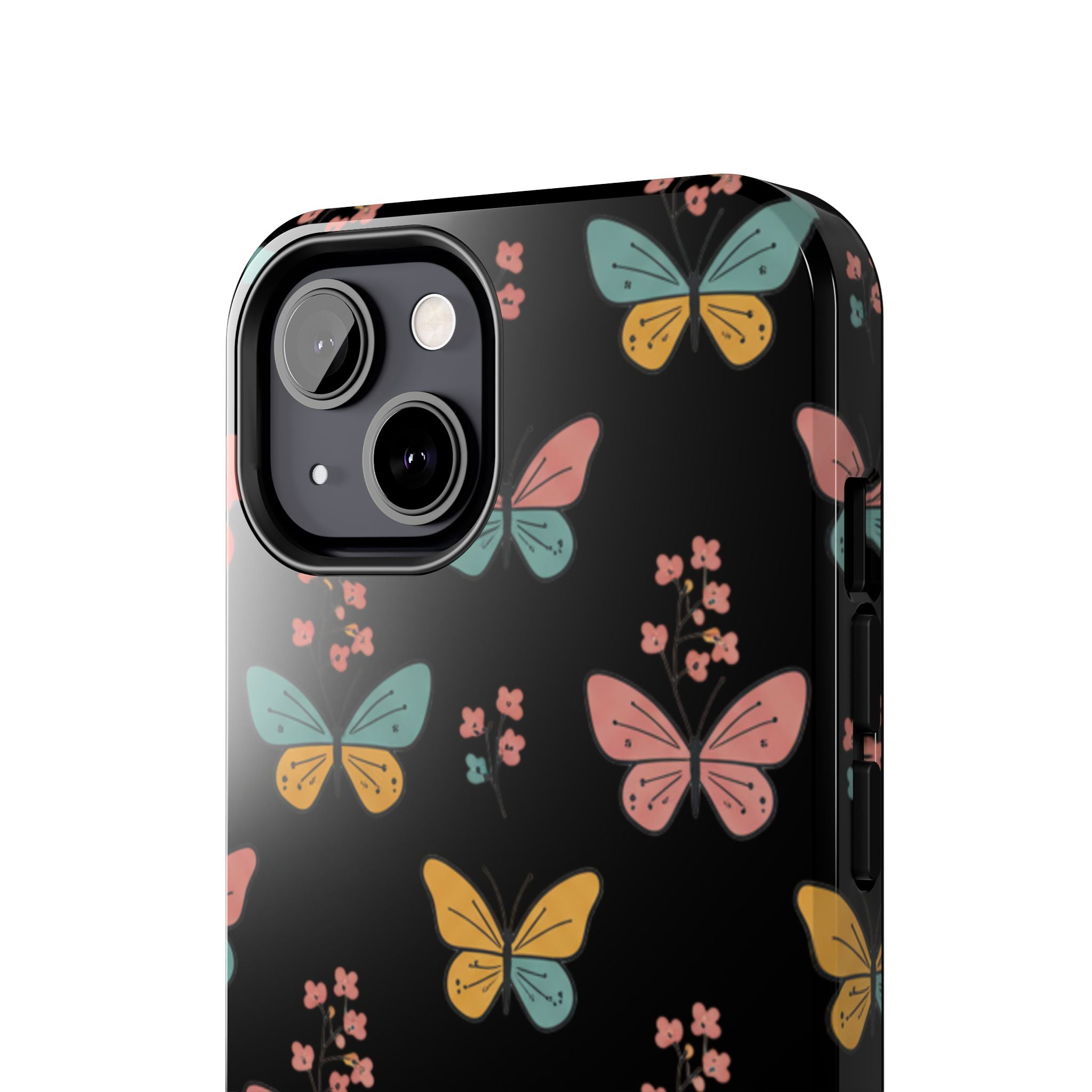 Butterfly Pattern Tough Phone Case — Pastel Butterflies on Black, Protective Floral Phone Cover