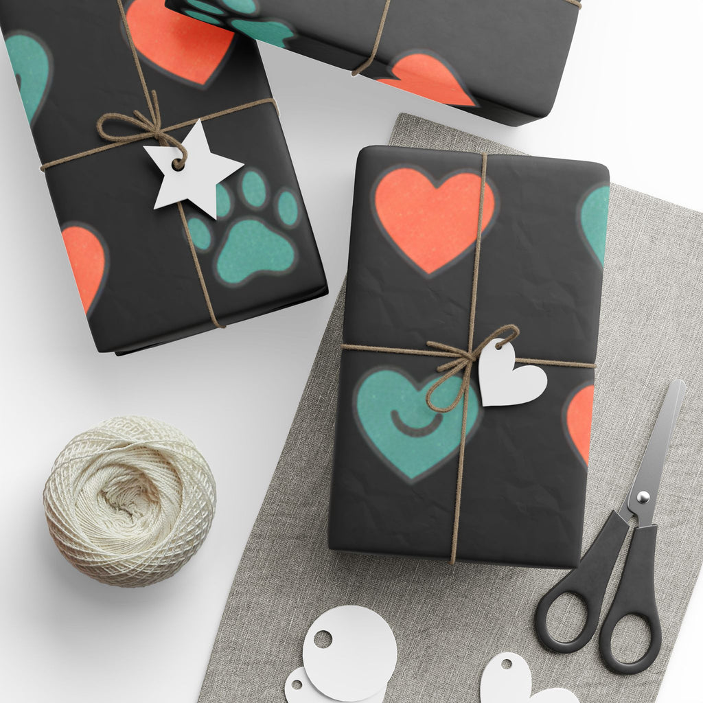 Heart Pattern Wrapping Paper Roll — Black Background with Teal & Coral Hearts, Gift Wrap for Valentine’s, Anniversaries, & Birthdays