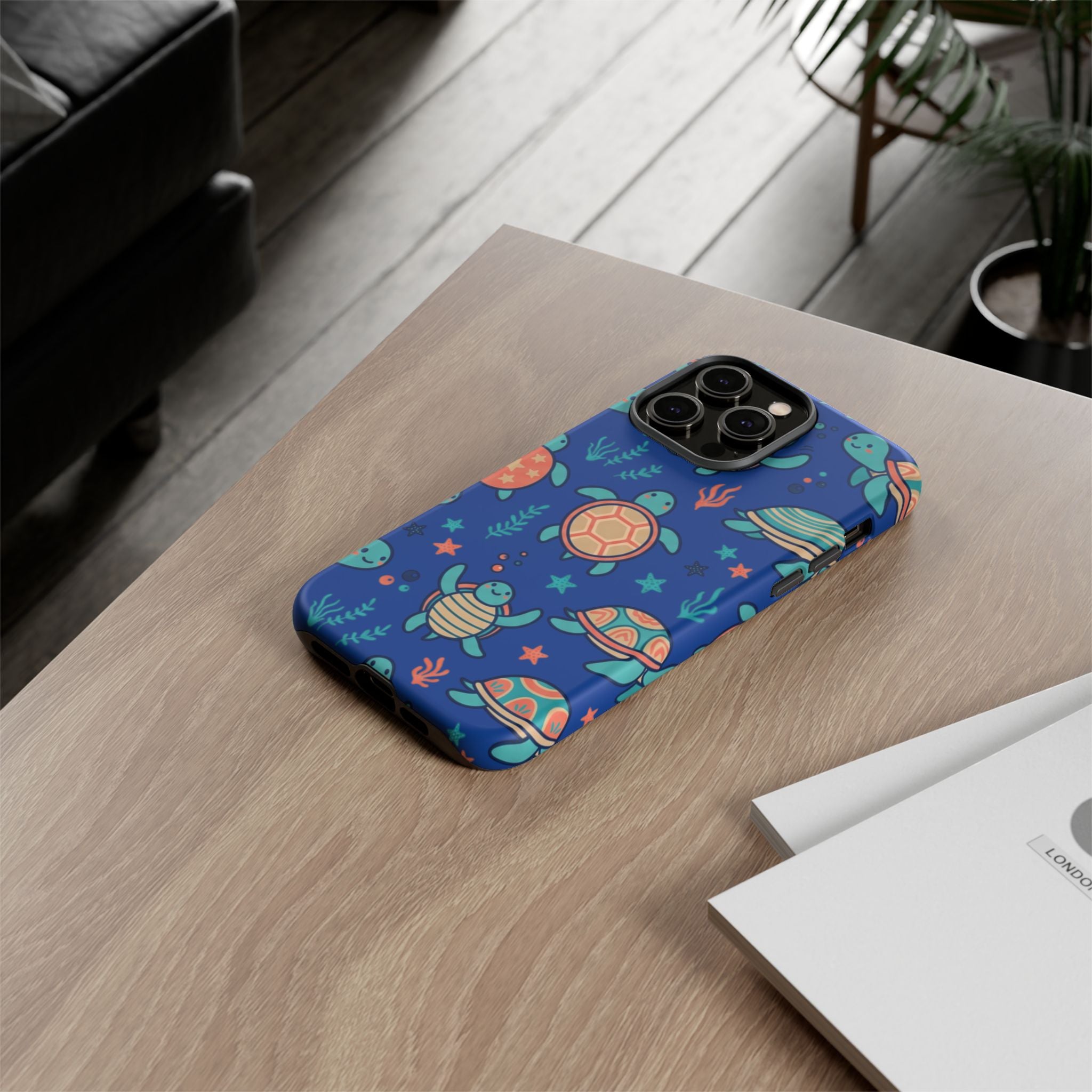 Cute Sea Turtle Phone Case — Protective Tough Case with Blue Ocean Pattern