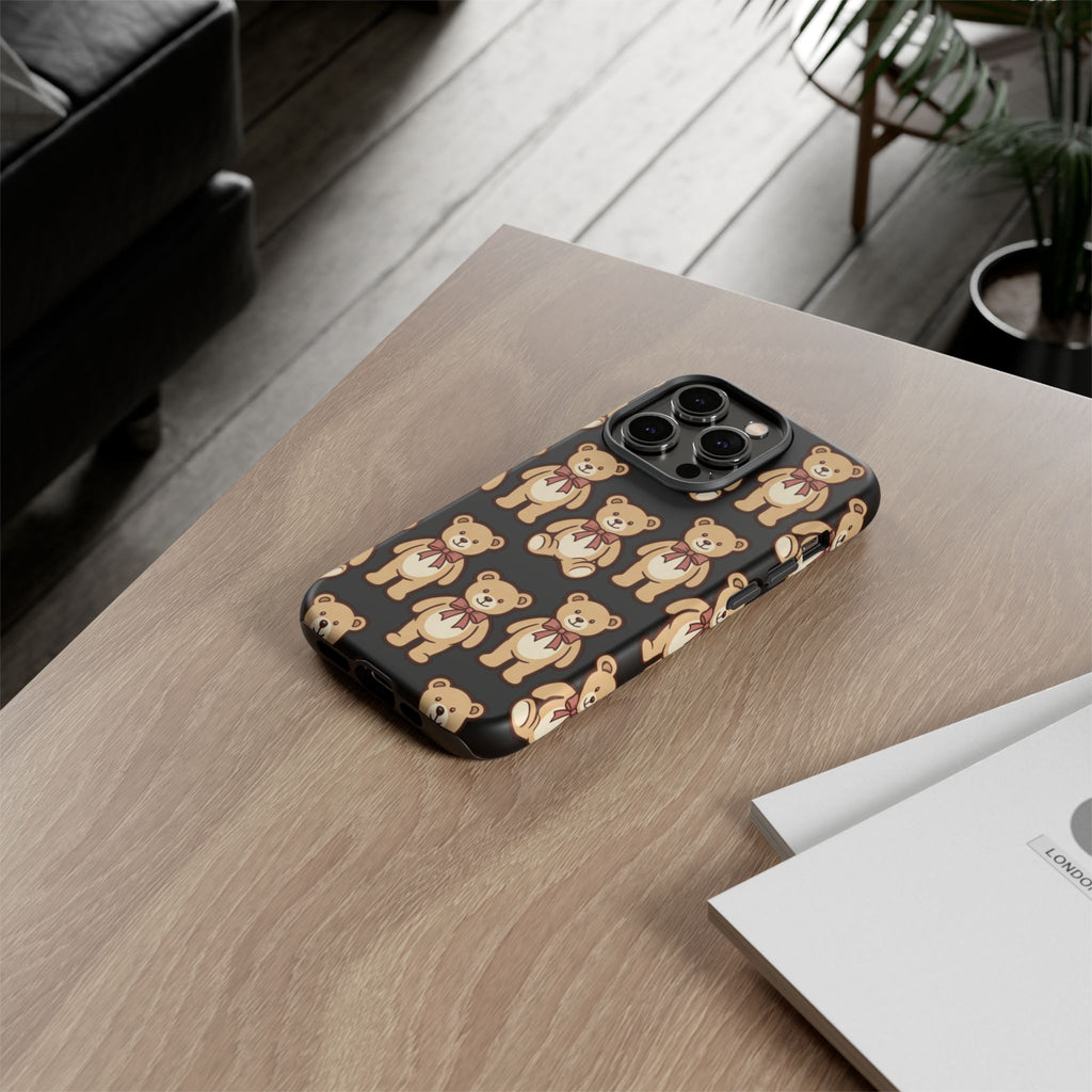 Teddy Bear Pattern Phone Case — Cute Vintage Ribbon Bears on Black