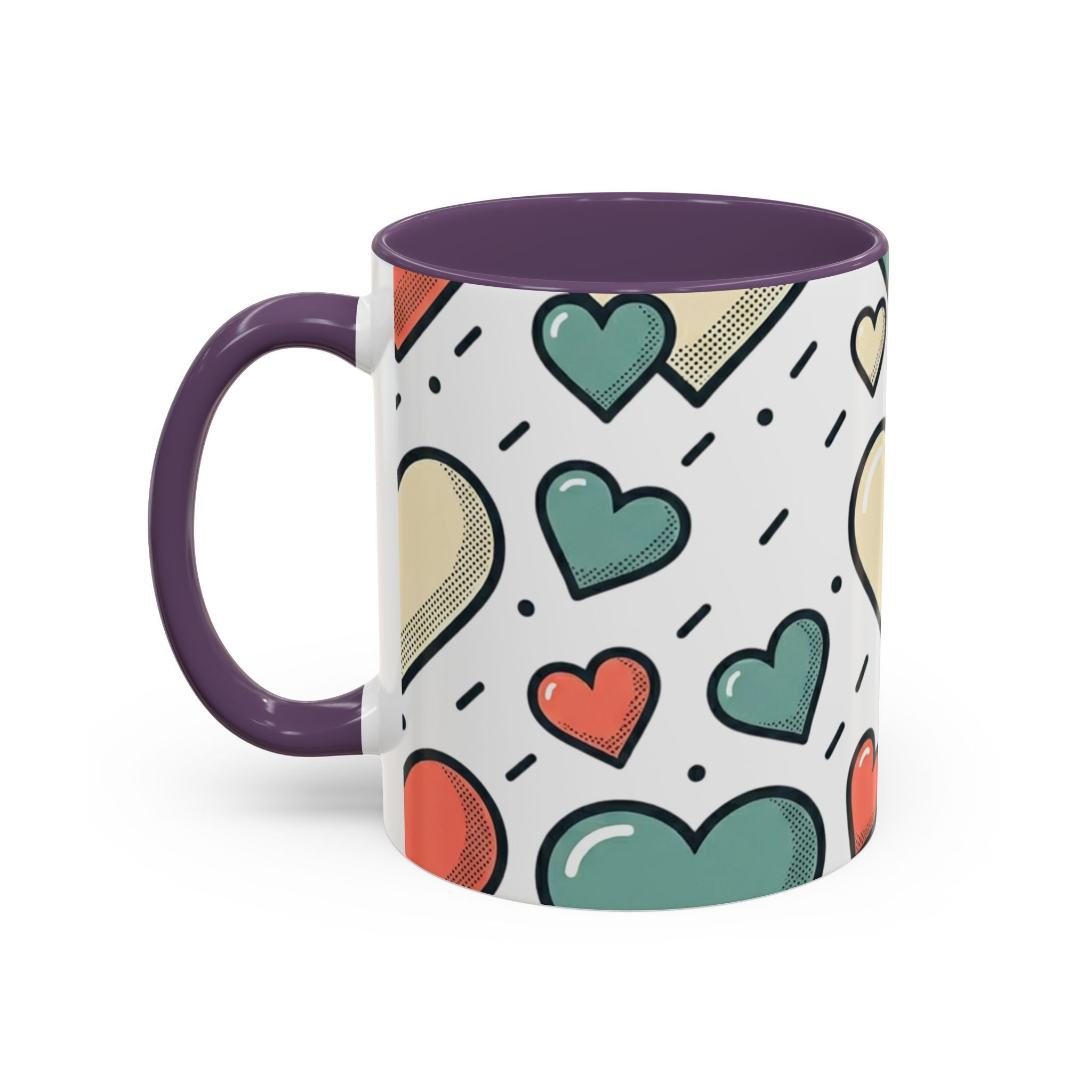 Heart Pattern Accent Coffee Mug — Cute Colorful Hearts Design (11/15 oz)