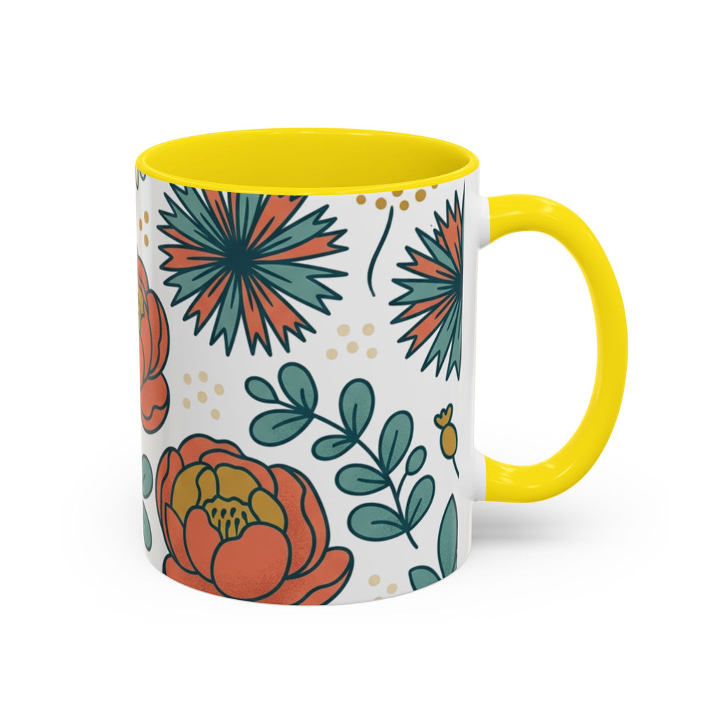 Floral Accent Coffee Mug — Orange Peony Pattern, 11/15oz