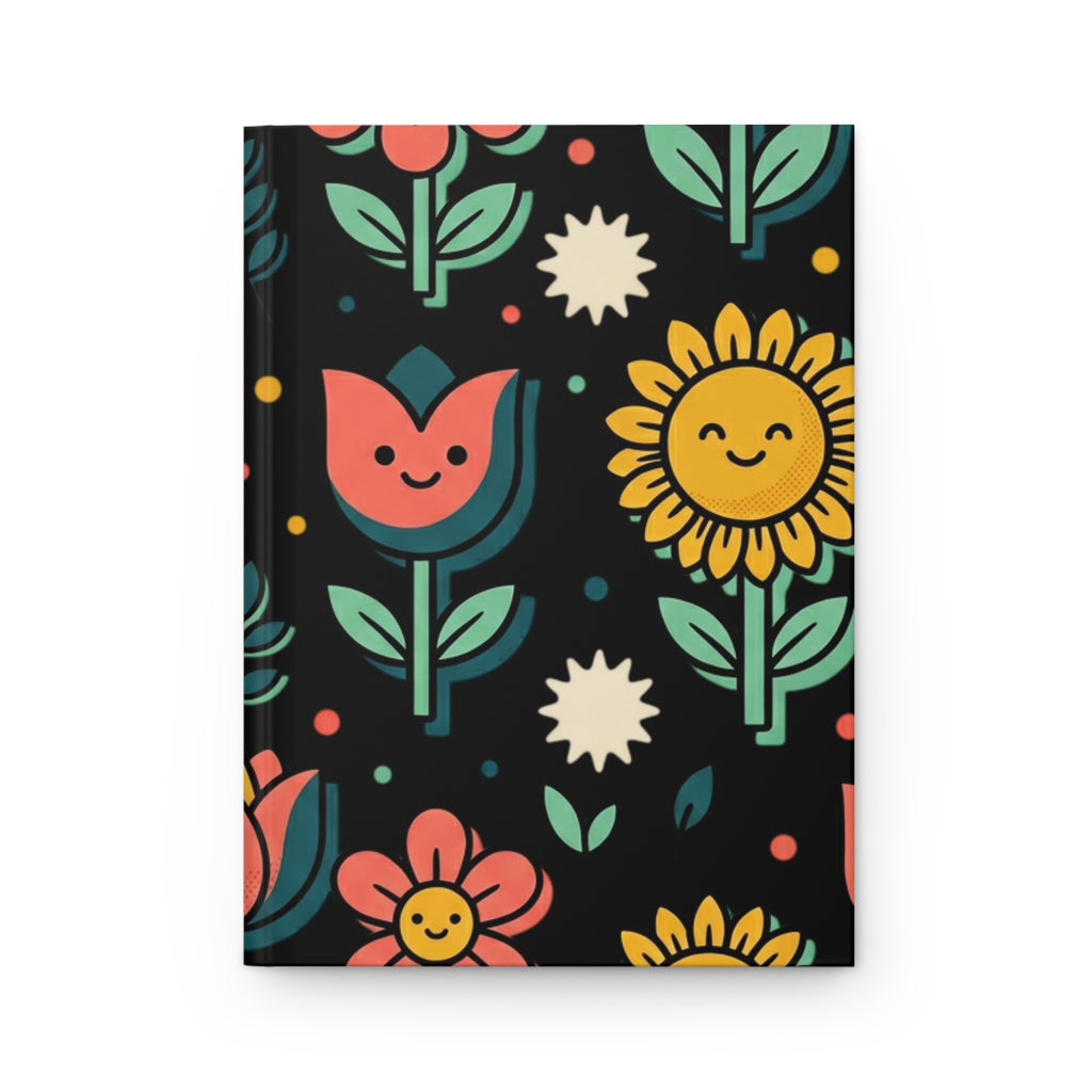 Floral Smiles Hardcover Journal — Cute Sunflower & Tulip Pattern Notebook