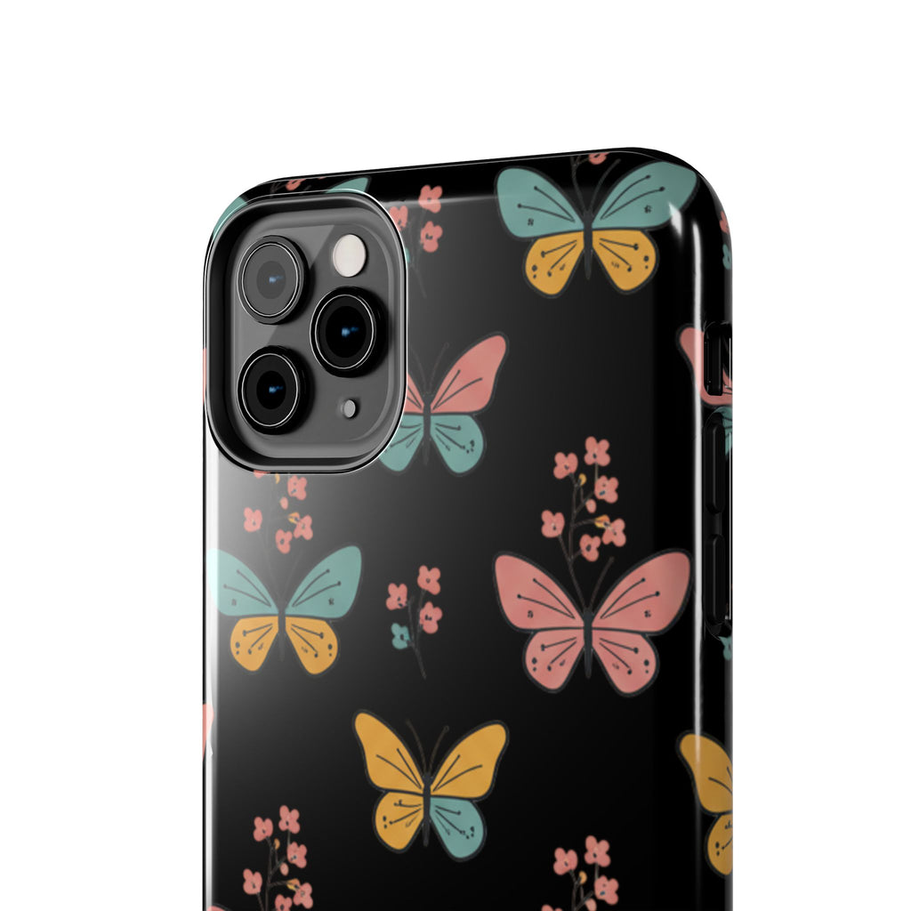 Butterfly Pattern Tough Phone Case — Pastel Butterflies on Black, Protective Floral Phone Cover
