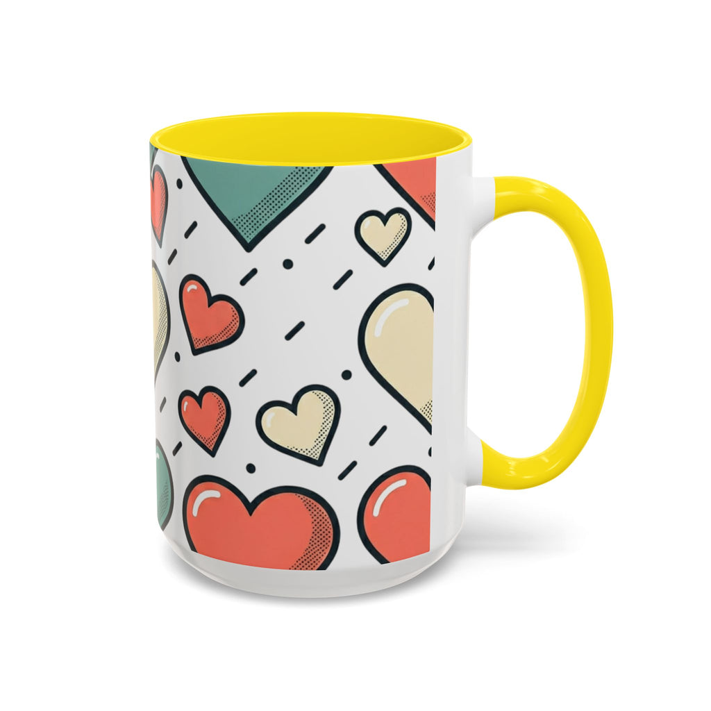 Heart Pattern Accent Coffee Mug — Cute Colorful Hearts Design (11/15 oz)