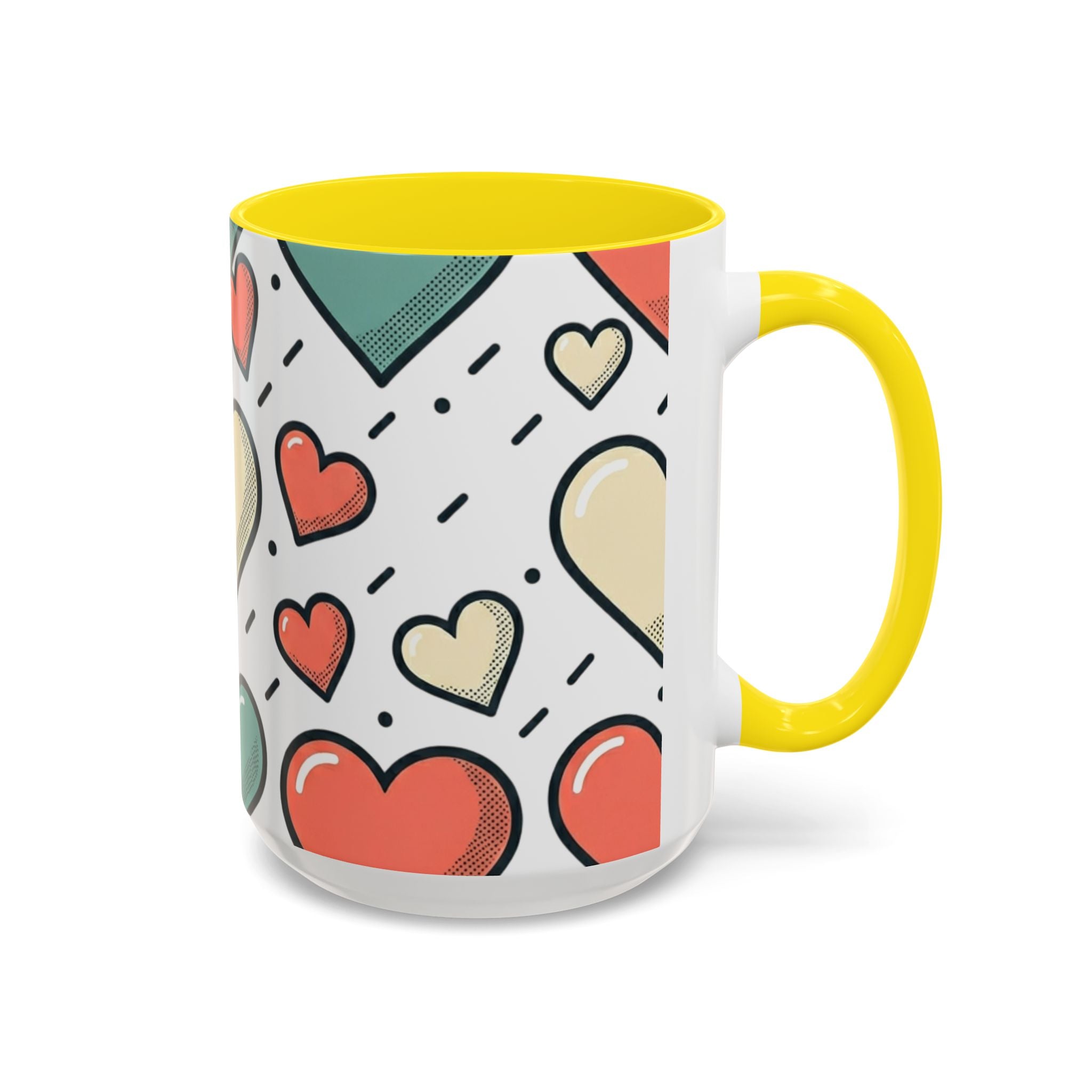 Heart Pattern Accent Coffee Mug — Cute Colorful Hearts Design (11/15 oz)