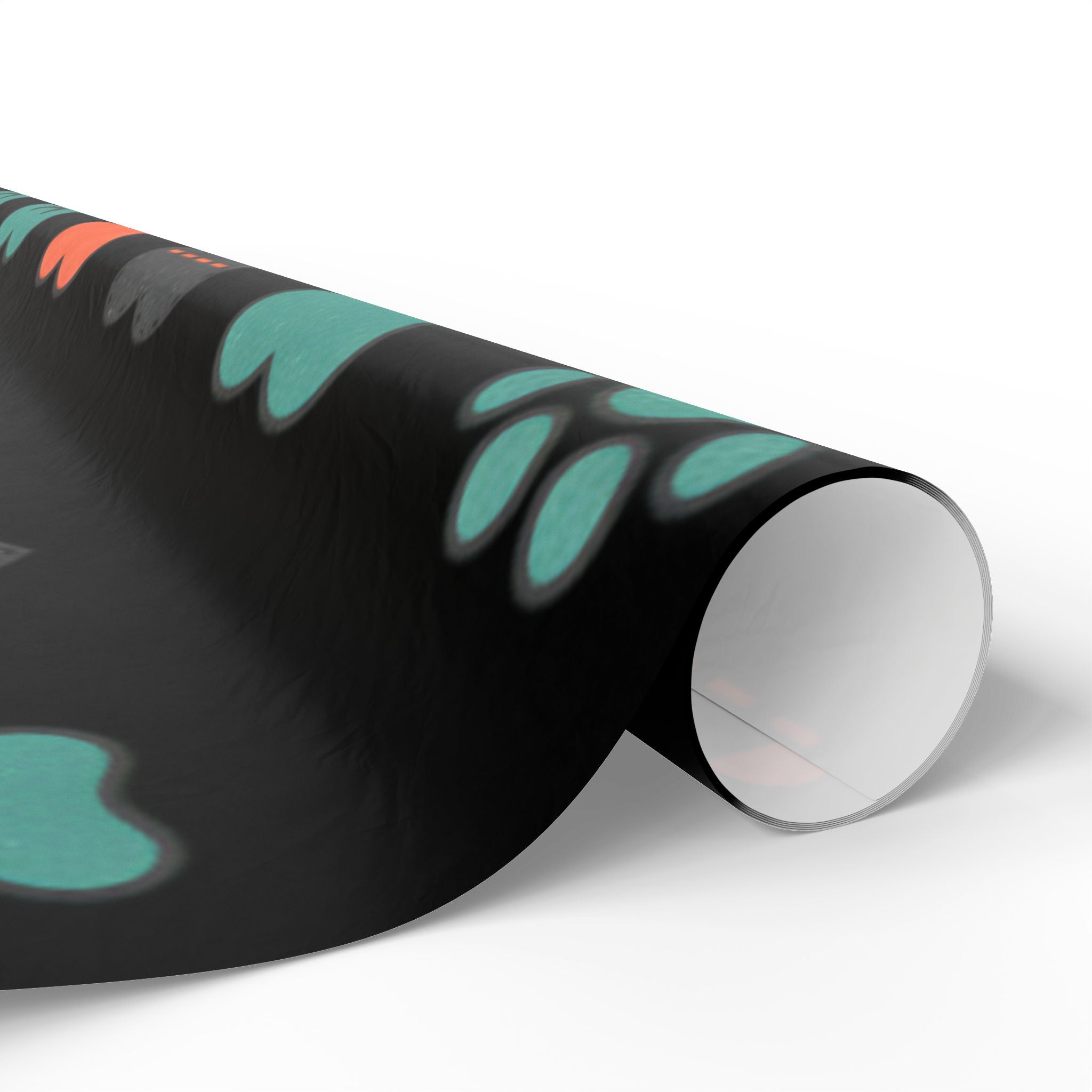 Heart Pattern Wrapping Paper Roll — Black Background with Teal & Coral Hearts, Gift Wrap for Valentine’s, Anniversaries, & Birthdays
