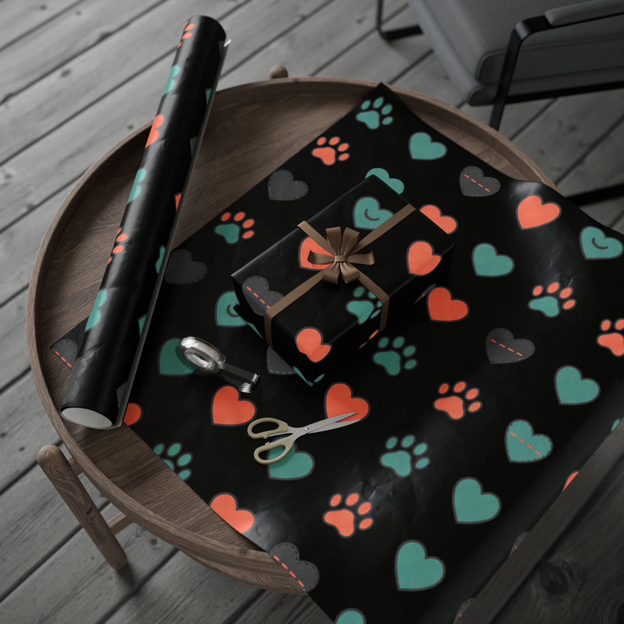 Heart Pattern Wrapping Paper Roll — Black Background with Teal & Coral Hearts, Gift Wrap for Valentine’s, Anniversaries, & Birthdays
