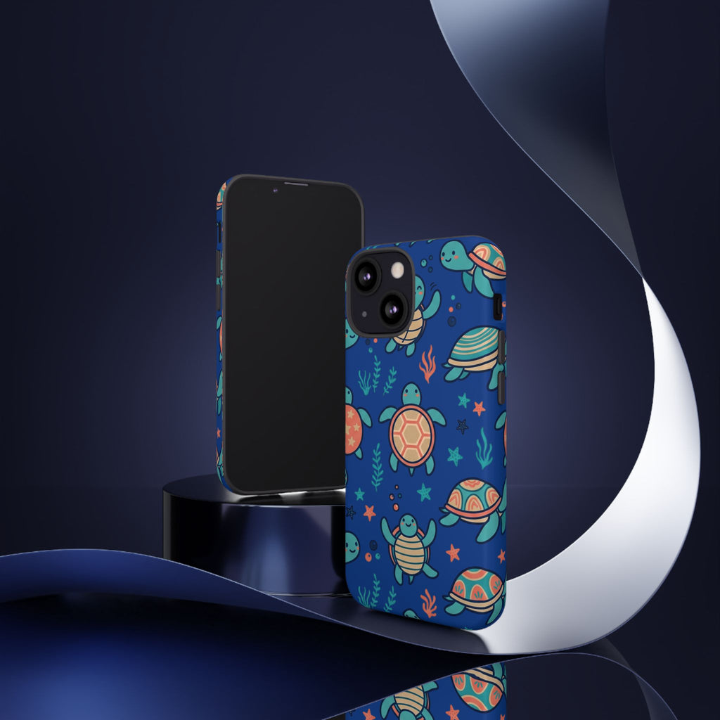 Cute Sea Turtle Phone Case — Protective Tough Case with Blue Ocean Pattern
