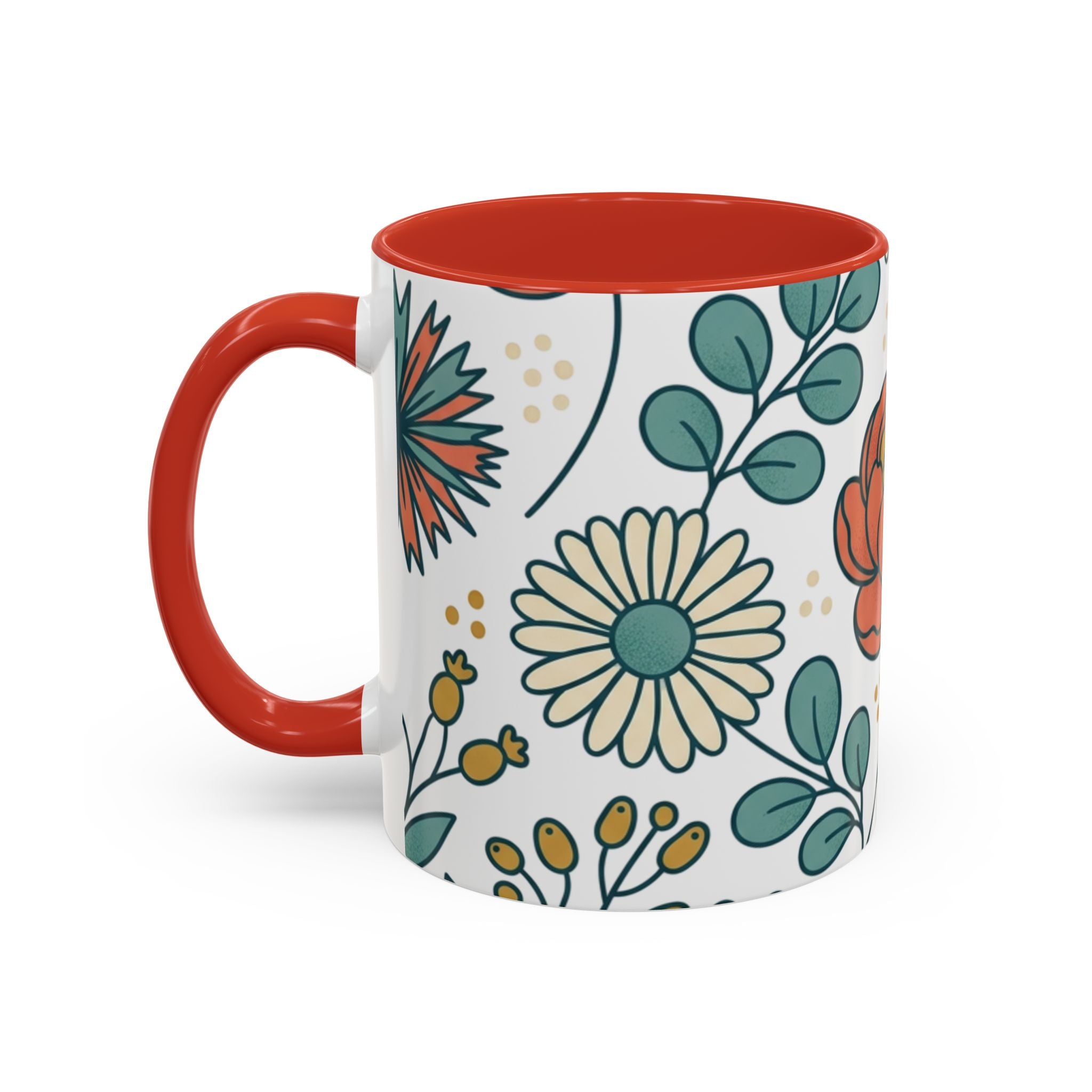 Floral Accent Coffee Mug — Orange Peony Pattern, 11/15oz