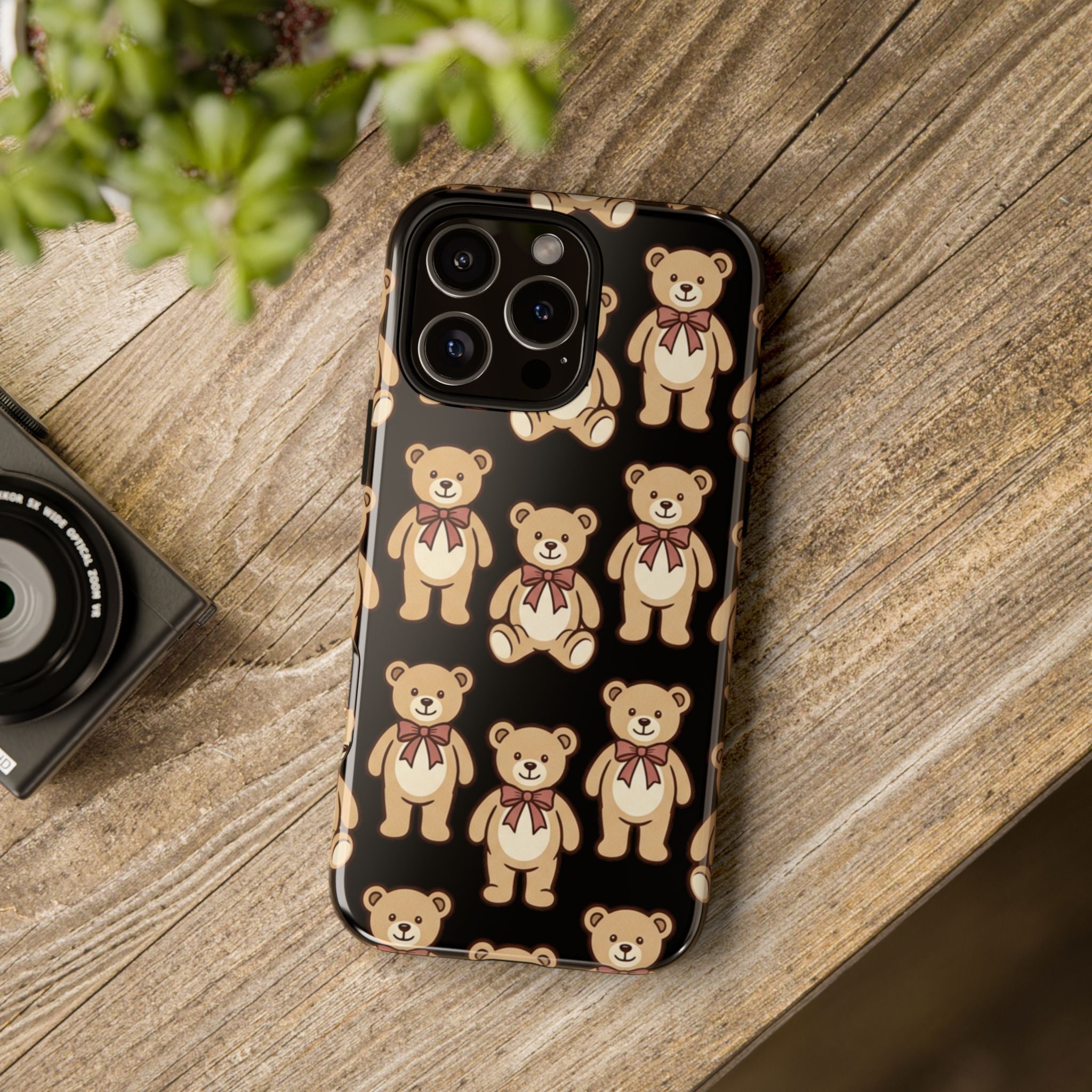 Teddy Bear Pattern Phone Case — Cute Vintage Ribbon Bears on Black