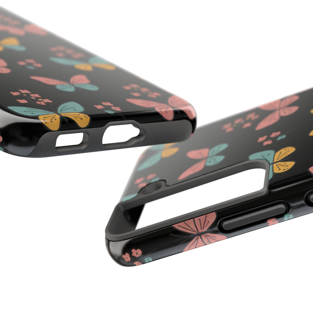Butterfly Pattern Tough Phone Case — Pastel Butterflies on Black, Protective Floral Phone Cover