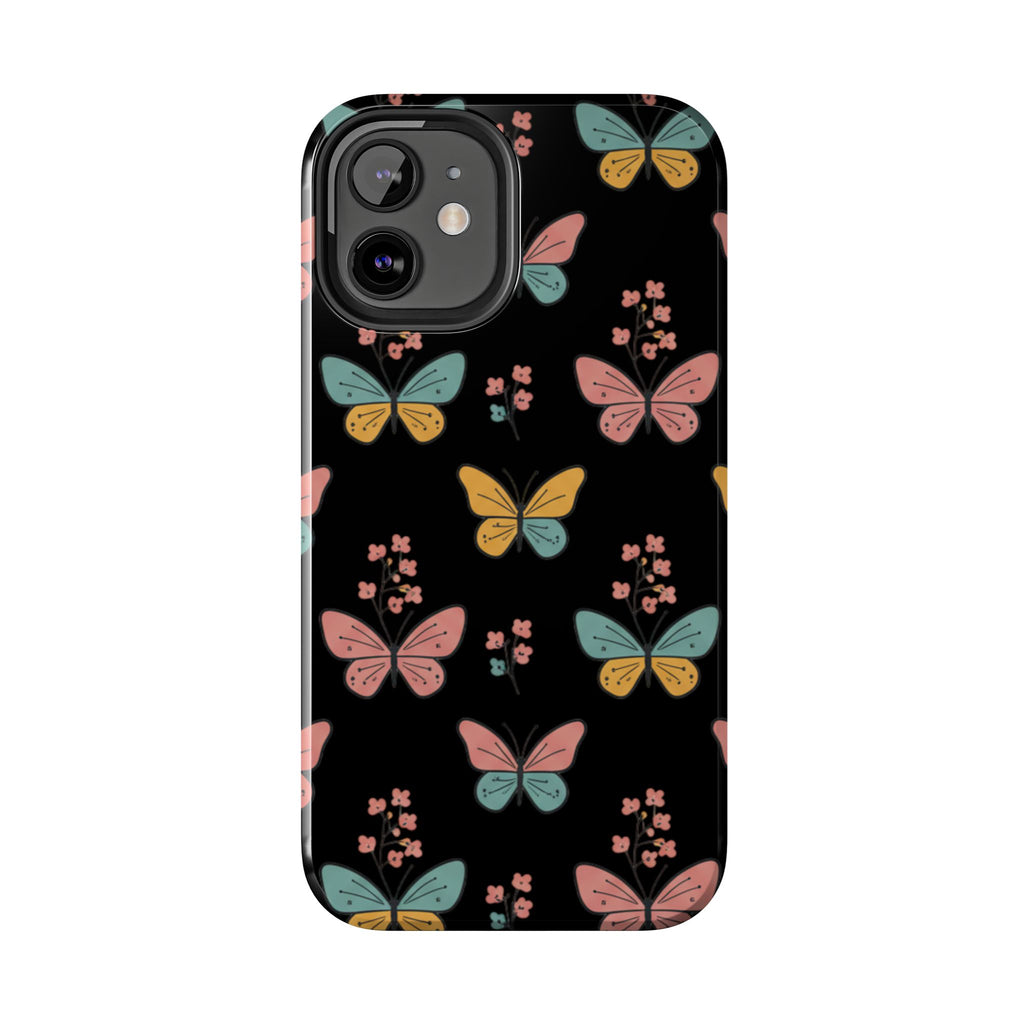 Butterfly Pattern Tough Phone Case — Pastel Butterflies on Black, Protective Floral Phone Cover