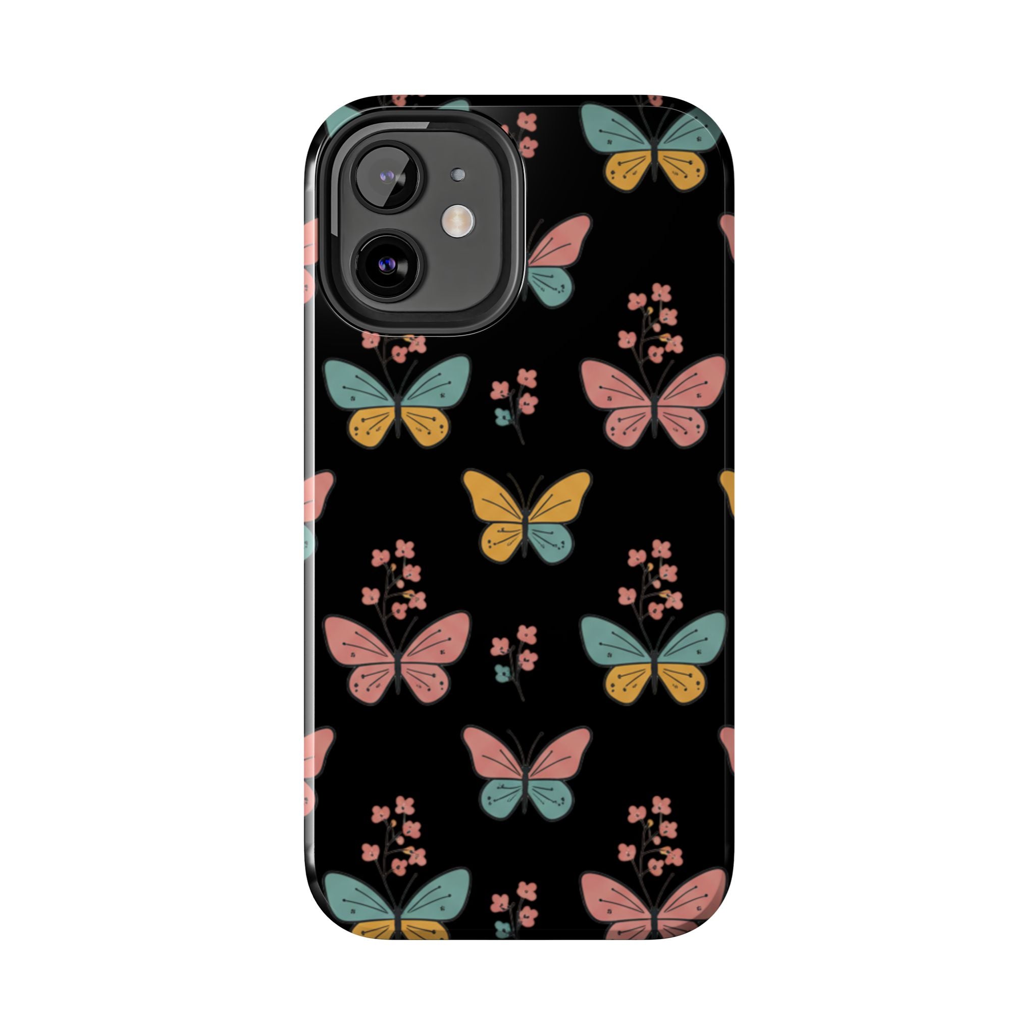 Butterfly Pattern Tough Phone Case — Pastel Butterflies on Black, Protective Floral Phone Cover