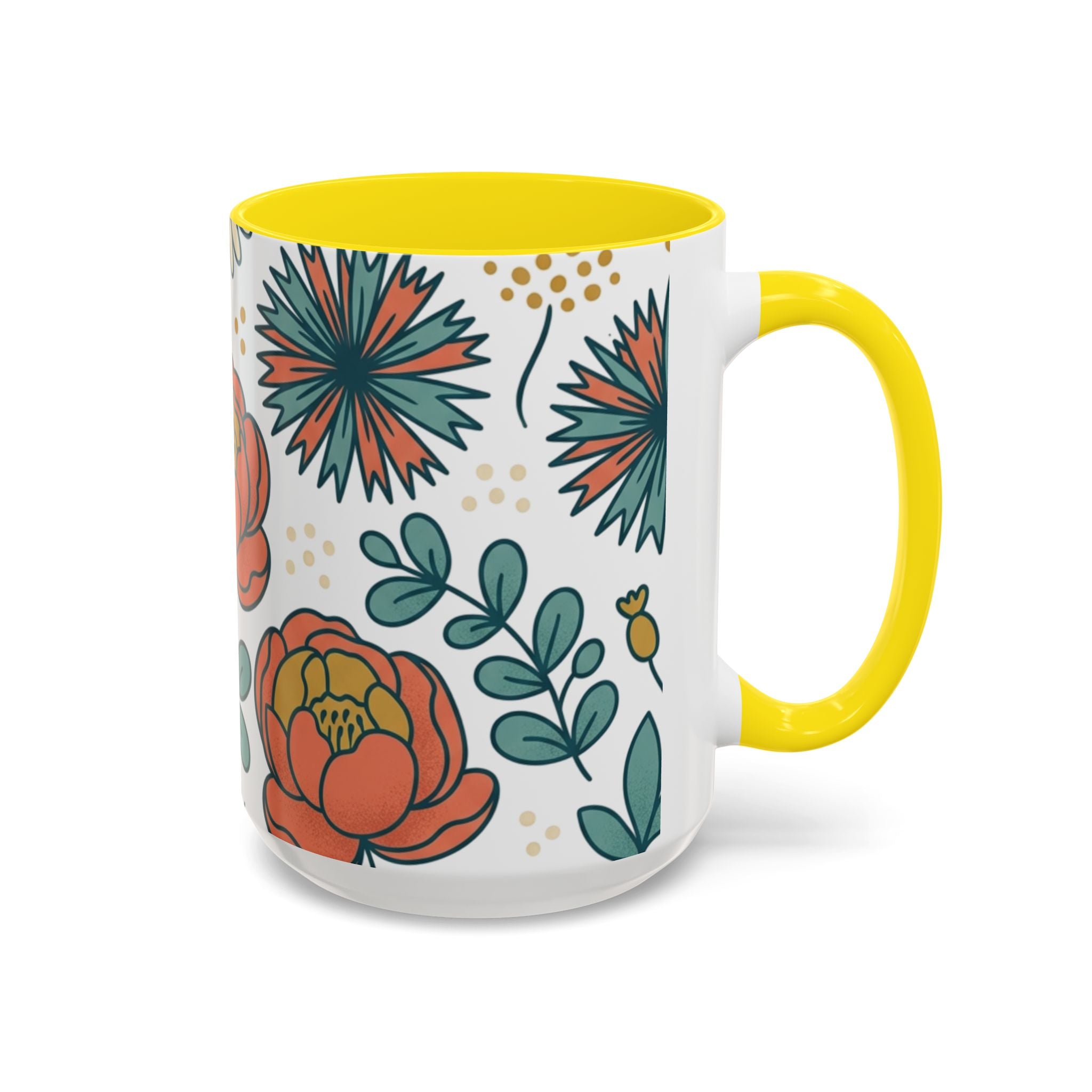 Floral Accent Coffee Mug — Orange Peony Pattern, 11/15oz