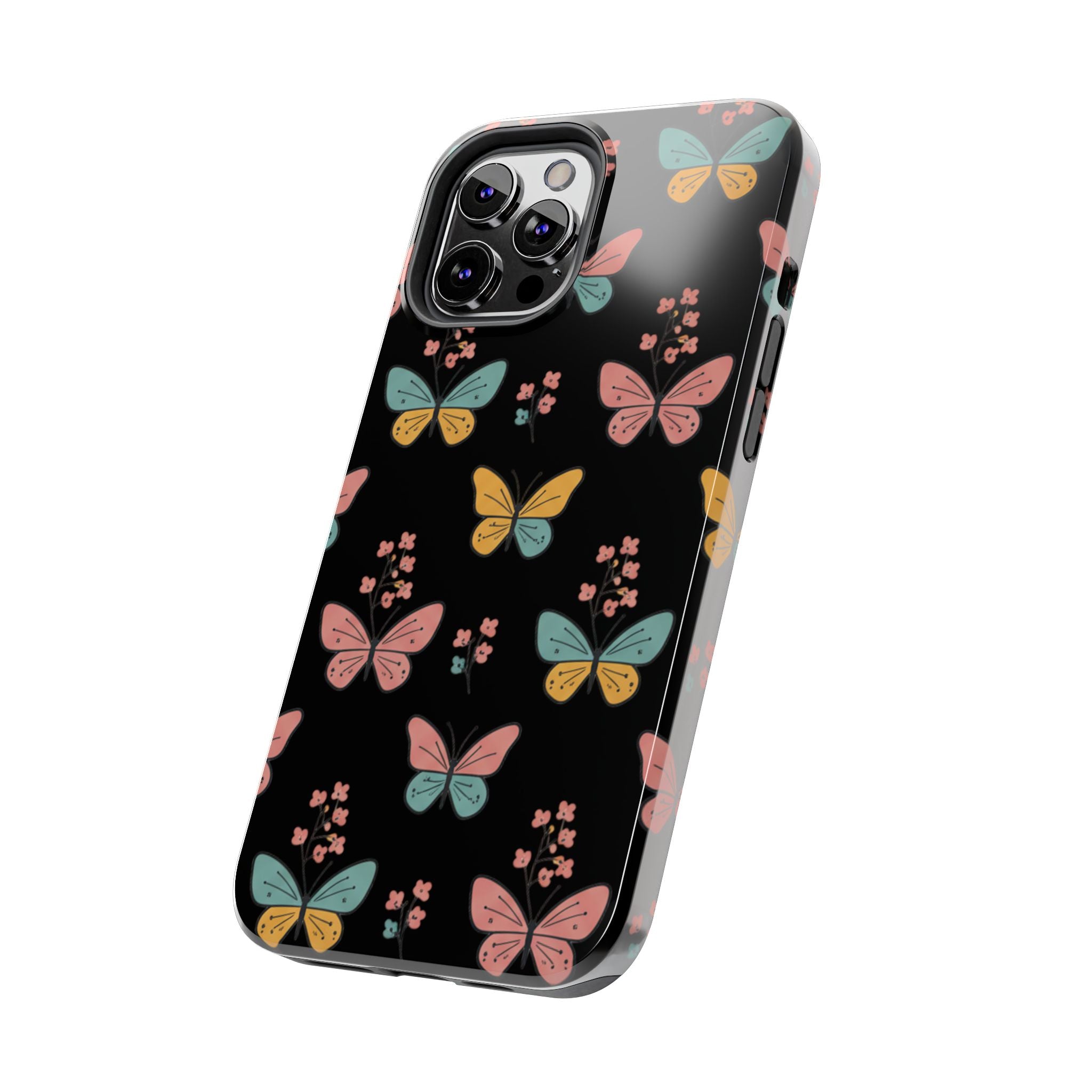 Butterfly Pattern Tough Phone Case — Pastel Butterflies on Black, Protective Floral Phone Cover