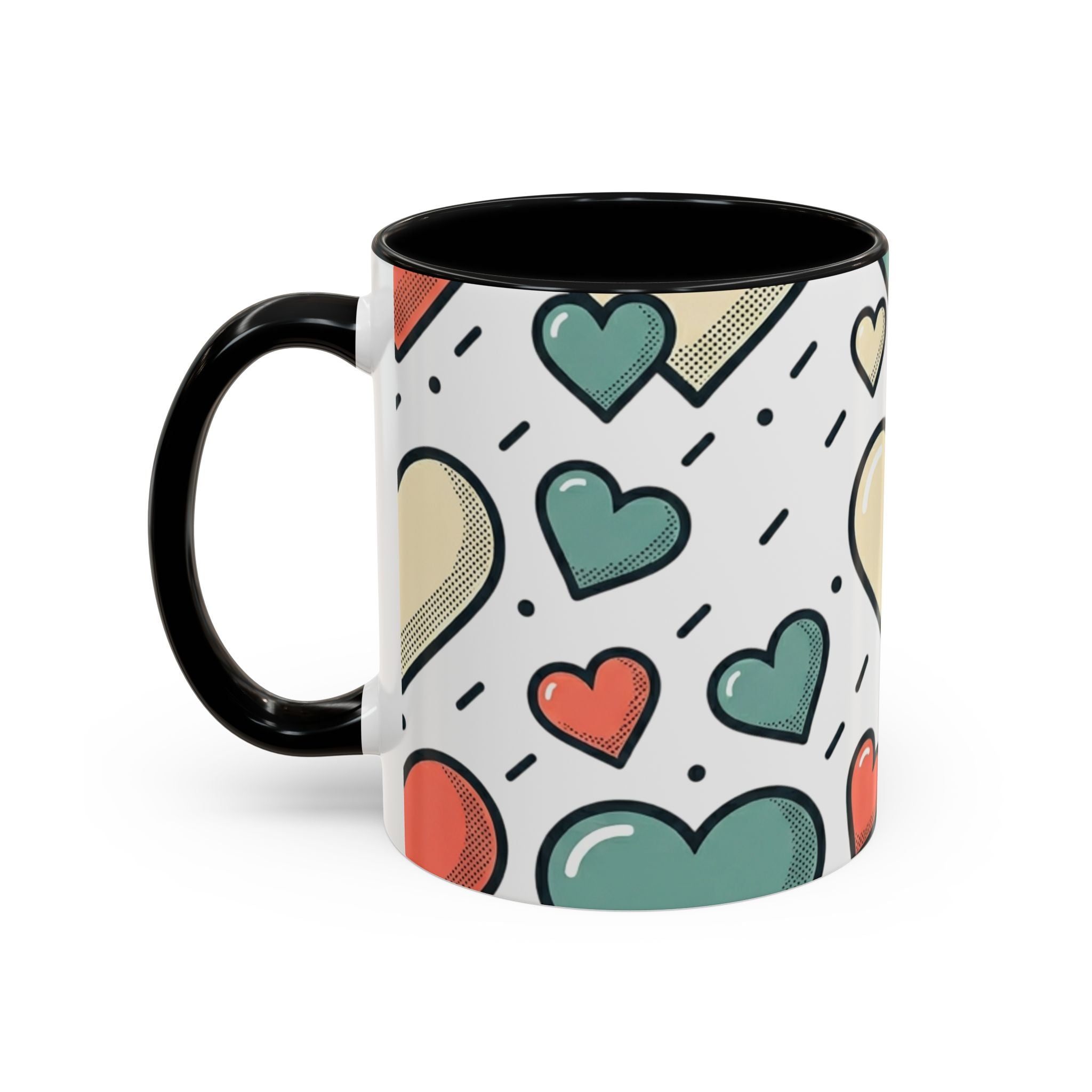 Heart Pattern Accent Coffee Mug — Cute Colorful Hearts Design (11/15 oz)
