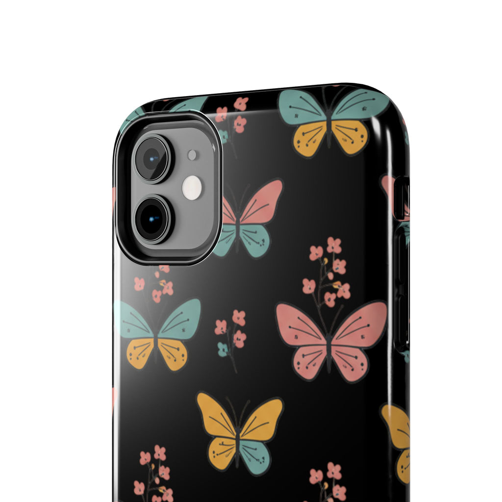 Butterfly Pattern Tough Phone Case — Pastel Butterflies on Black, Protective Floral Phone Cover