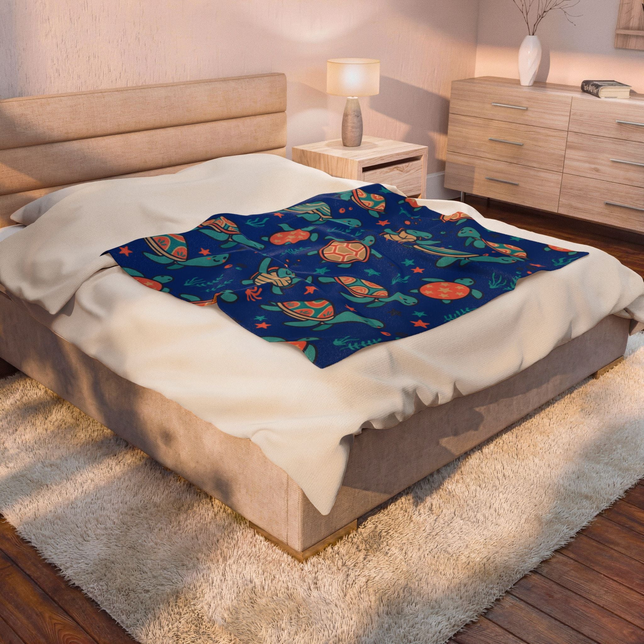 Sea Turtle Velveteen Plush Blanket — Cute Nautical Kids Throw