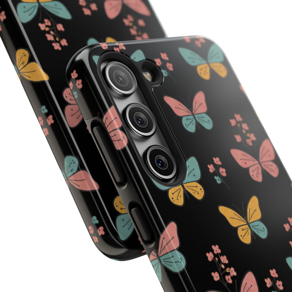 Butterfly Pattern Tough Phone Case — Pastel Butterflies on Black, Protective Floral Phone Cover