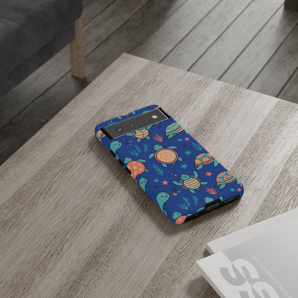 Cute Sea Turtle Phone Case — Protective Tough Case with Blue Ocean Pattern