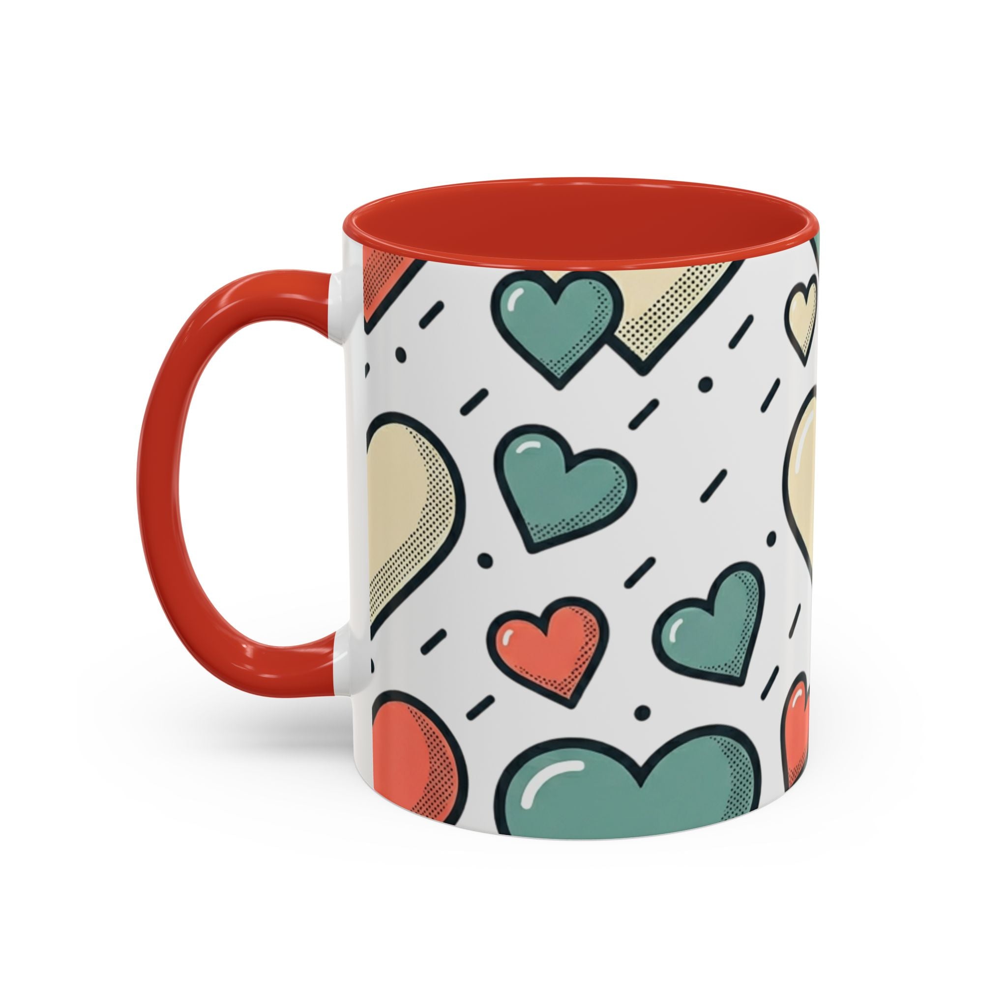 Heart Pattern Accent Coffee Mug — Cute Colorful Hearts Design (11/15 oz)