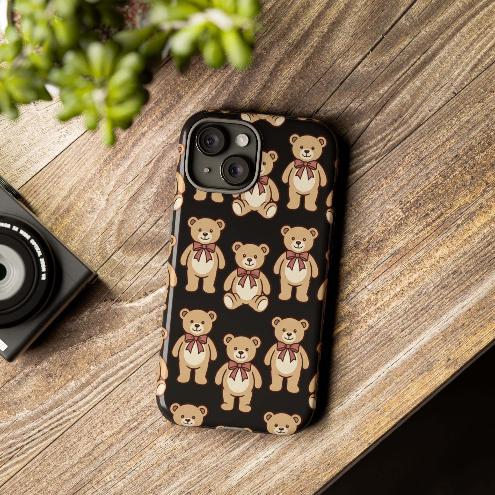 Teddy Bear Pattern Phone Case — Cute Vintage Ribbon Bears on Black
