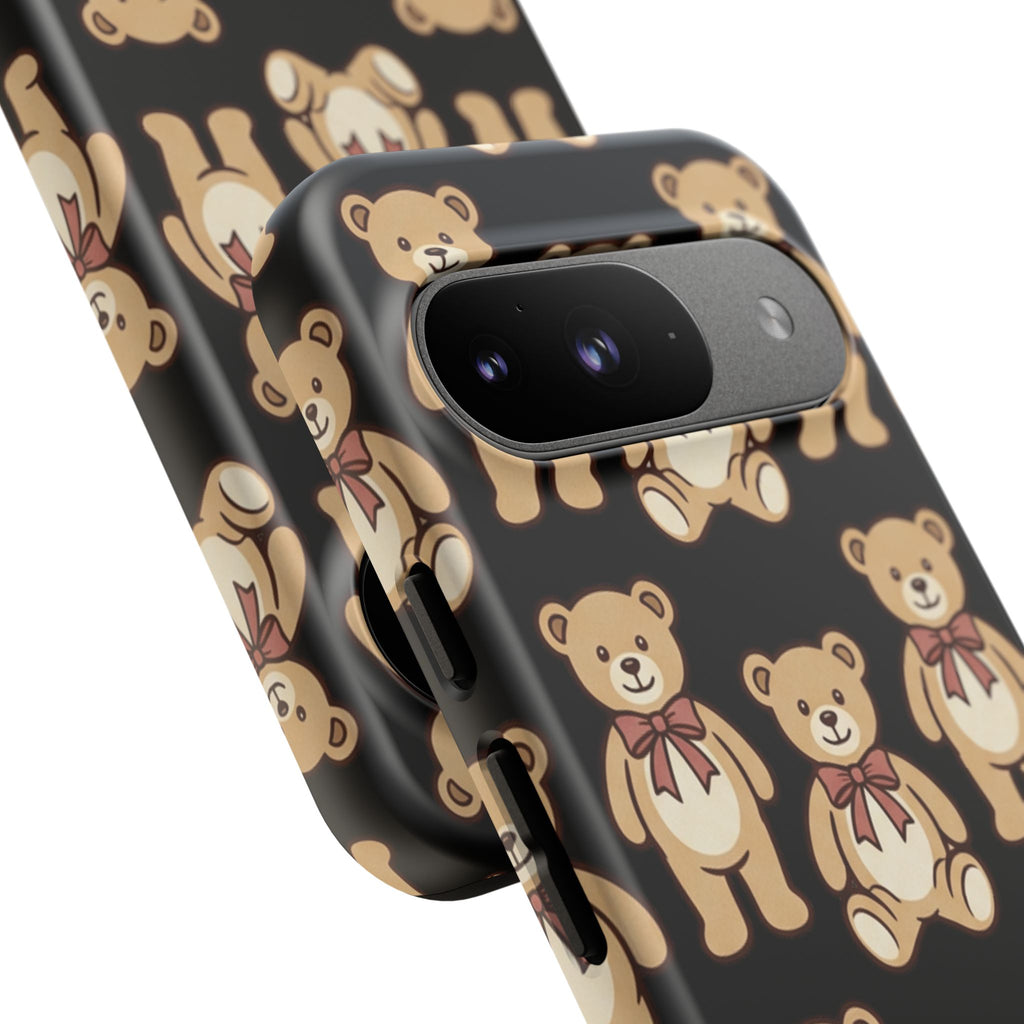 Teddy Bear Pattern Phone Case — Cute Vintage Ribbon Bears on Black
