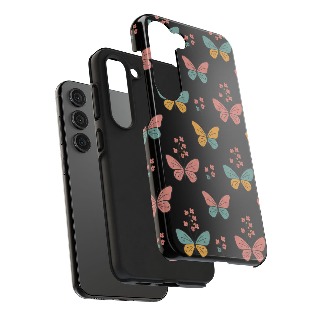 Butterfly Pattern Tough Phone Case — Pastel Butterflies on Black, Protective Floral Phone Cover