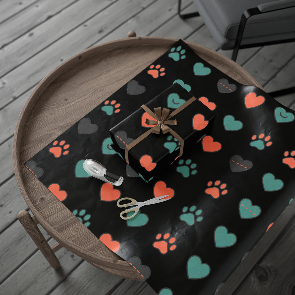 Heart Pattern Wrapping Paper Roll — Black Background with Teal & Coral Hearts, Gift Wrap for Valentine’s, Anniversaries, & Birthdays