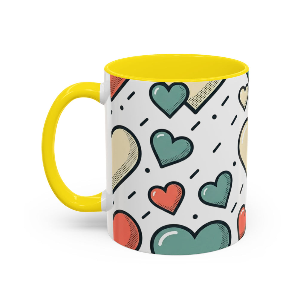 Heart Pattern Accent Coffee Mug — Cute Colorful Hearts Design (11/15 oz)