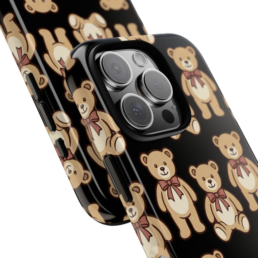 Teddy Bear Pattern Phone Case — Cute Vintage Ribbon Bears on Black