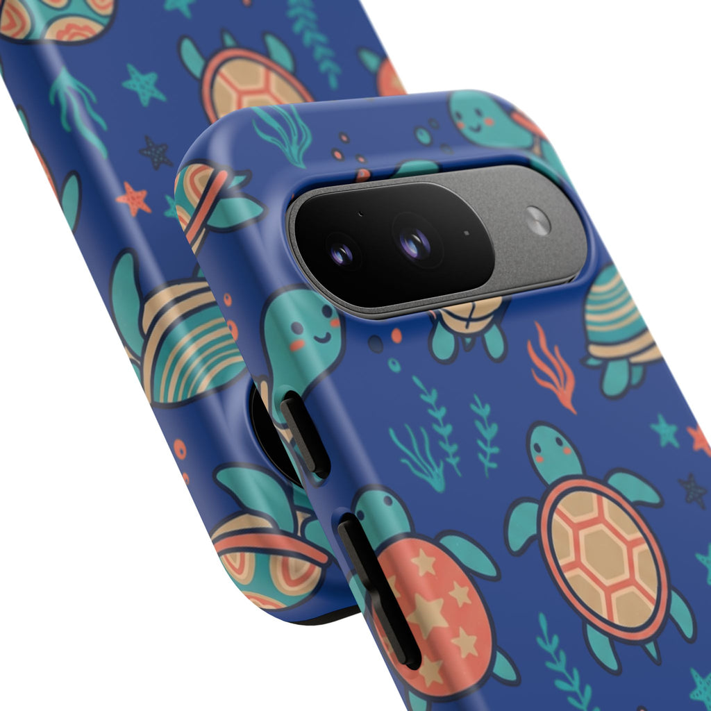 Cute Sea Turtle Phone Case — Protective Tough Case with Blue Ocean Pattern