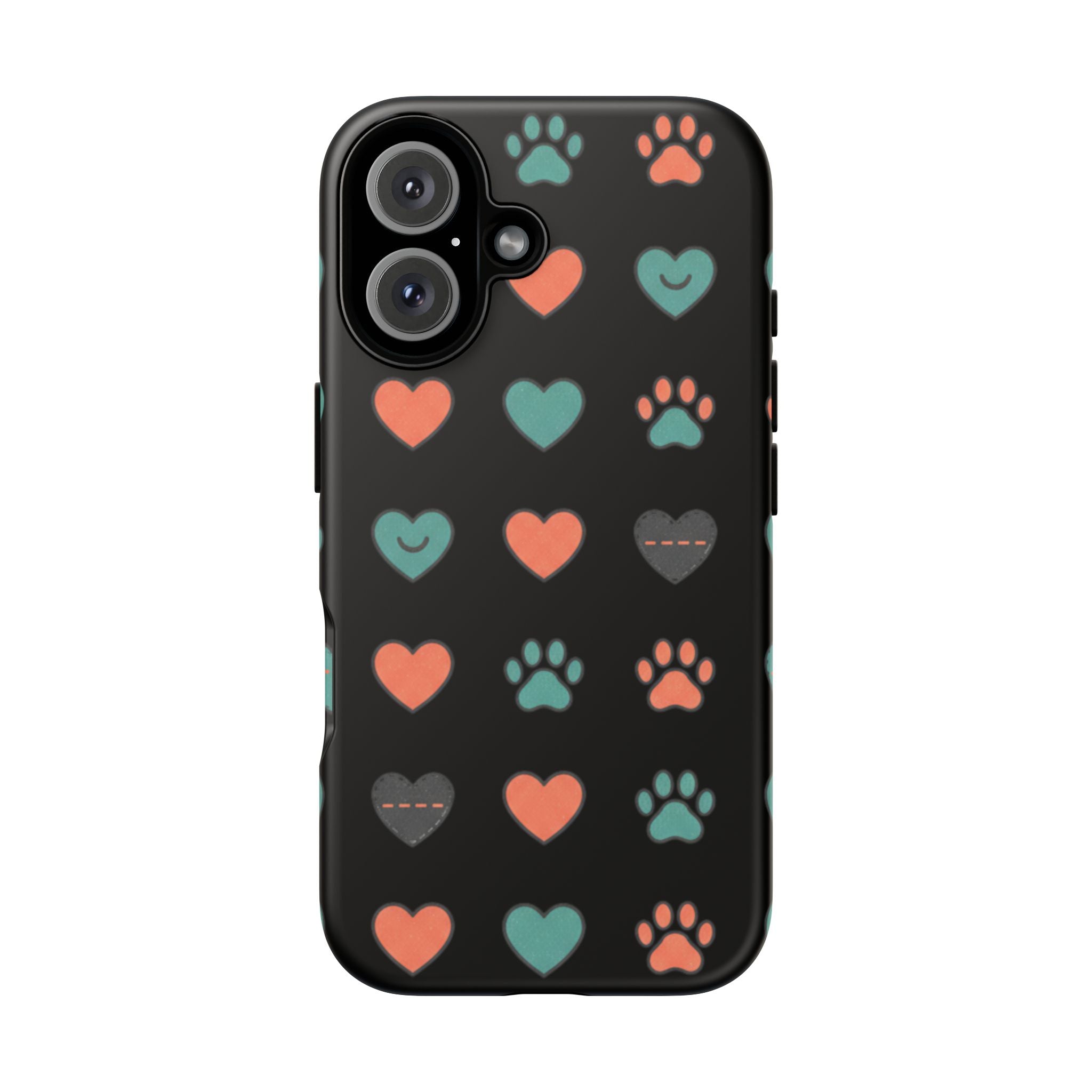Phone Case — Cute Paw & Heart Pattern (Black Gloss)