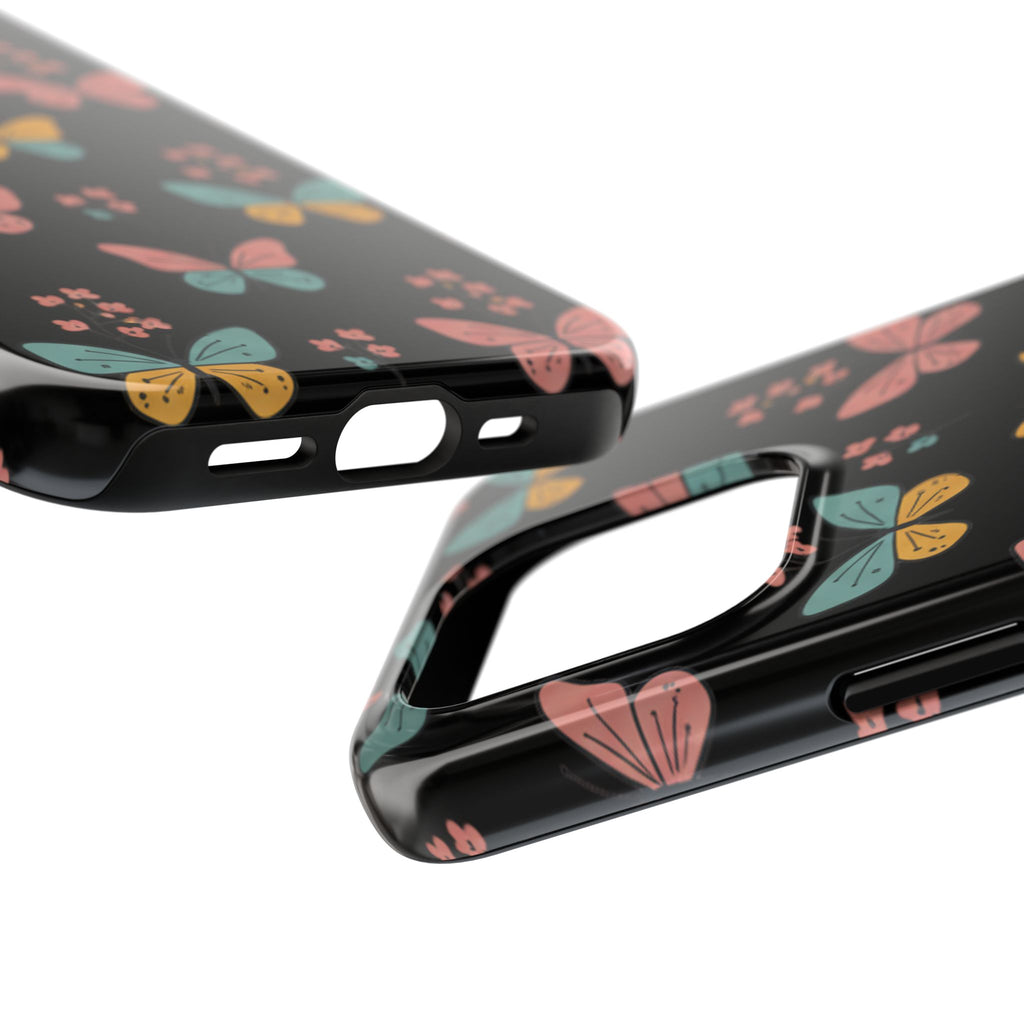 Butterfly Pattern Tough Phone Case — Pastel Butterflies on Black, Protective Floral Phone Cover